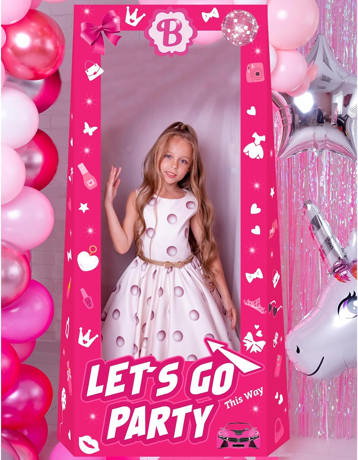 Hot Pink 4.5ft Tall Life Size Stand-in Cardboard Doll Photo Booth Props for Girls Birthday Party Decorations Pink Princess Doll Theme Decor Photoshoot Let's Go Party Supplies(53.9 * 39.3inches)