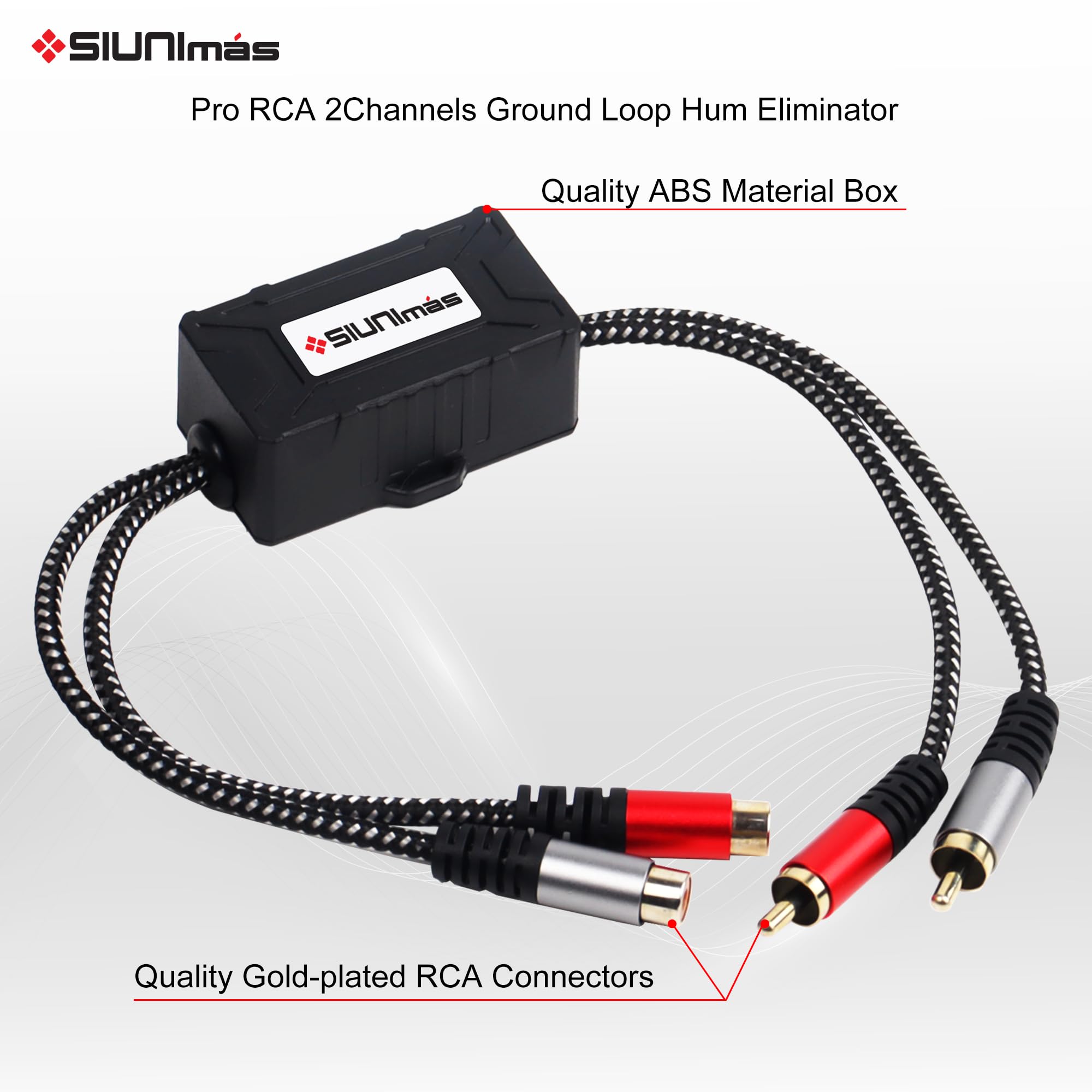 Isolatore RCA Pro a 2 canali con cavo intrecciato in nylon intrecciato per auto e home theater, con filtro antirumore con scatola in ABS resistente (SIM-2CH-RCA01A)