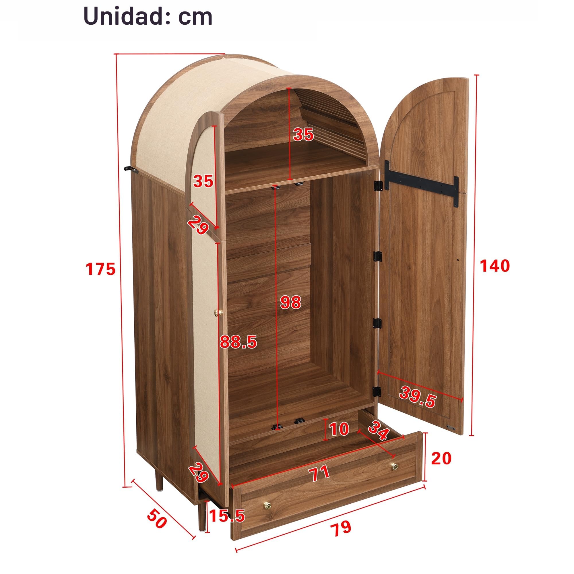 Armario con cajones, Puertas de Madera tapizadas en Lino, Amplio Espacio de Almacenamiento, Ideal para dormitorios y recibidores (Madera, 79 x 50 x 175 cm)