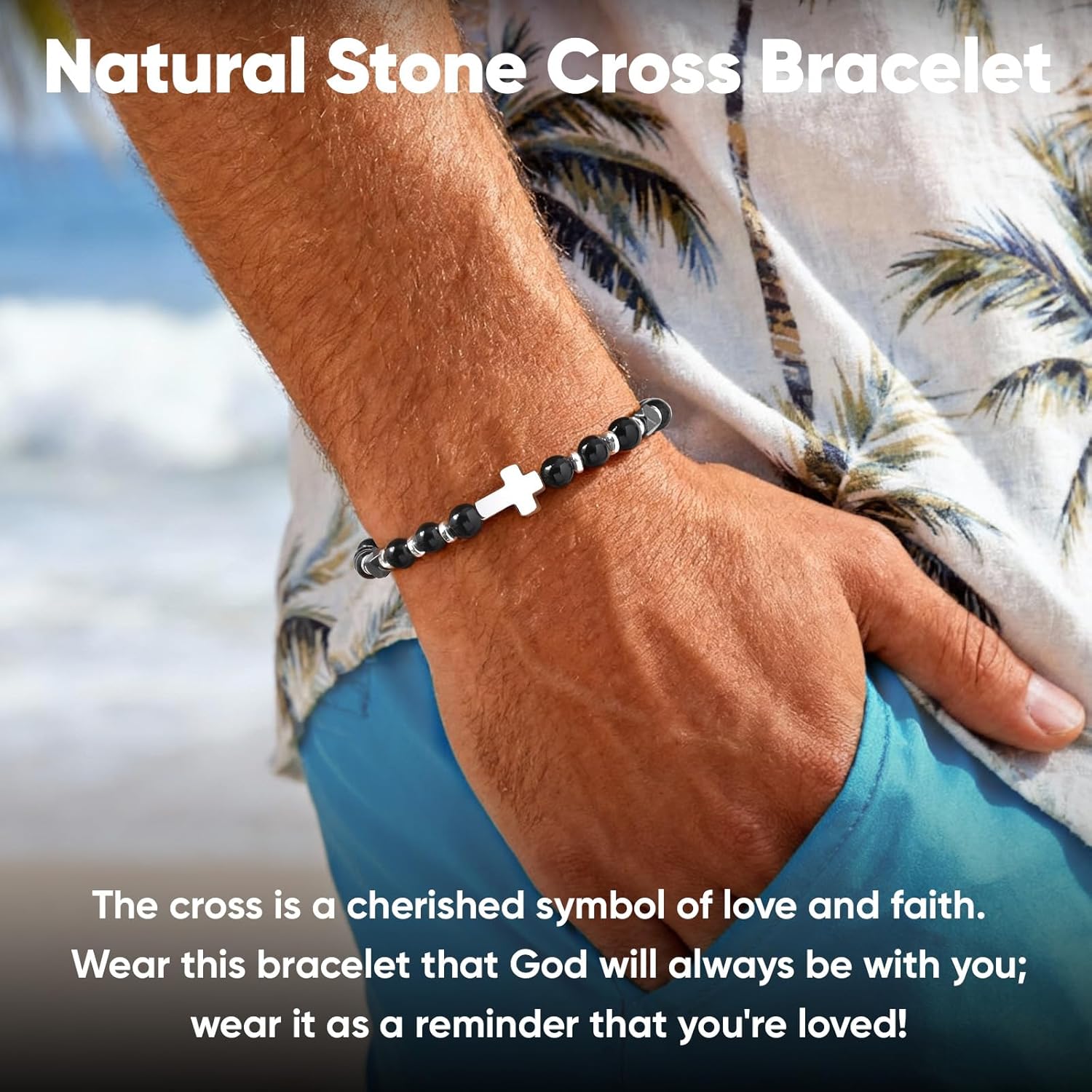 Birthday Valentine's Day Gift for Men Cross Boho Bracelets for Men Women, Beaded Chain Stainless Steel Cross Charms Men's Bracelet Faith Religious Easter Catholic Christian Jewelry Gift - Image 2