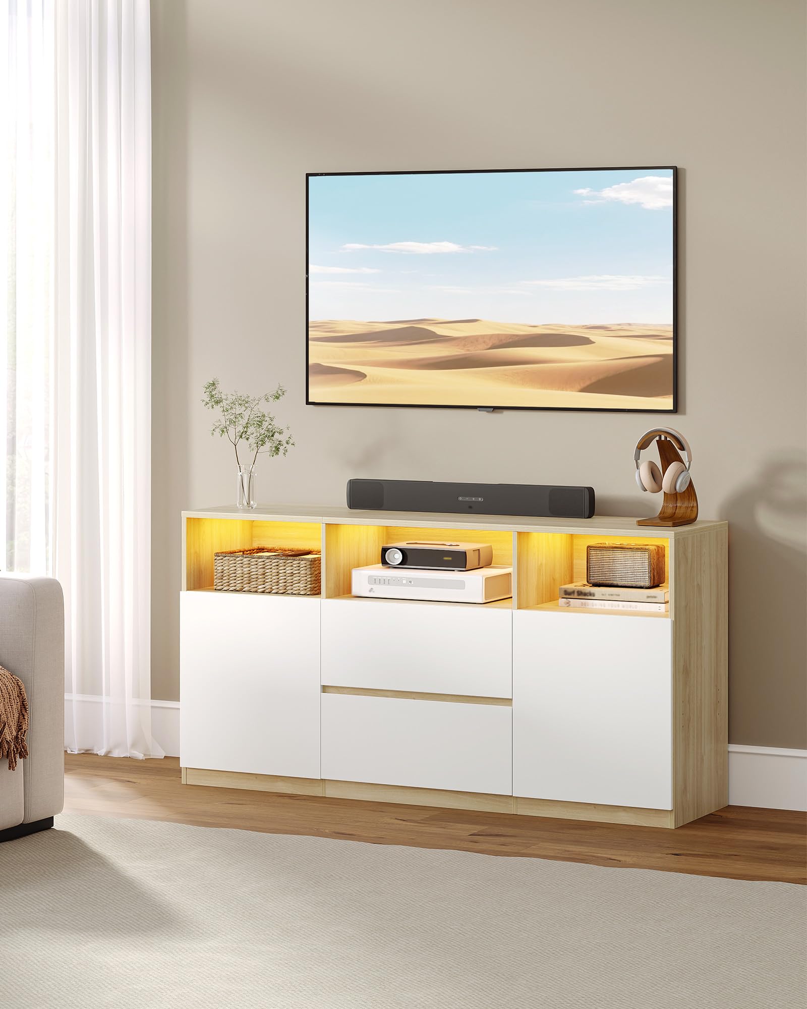 Hzuaneri Mobile TV, Luci LED, 147 x 40 x 76 cm Rovere e Bianco | 3 Scomparti Aperti, Tavolino Porta TV fino a 65 Pollici, con 2 Cassetti, 2 Gabinetto, Soggiorno, Camera da Letto, TV17031XEU