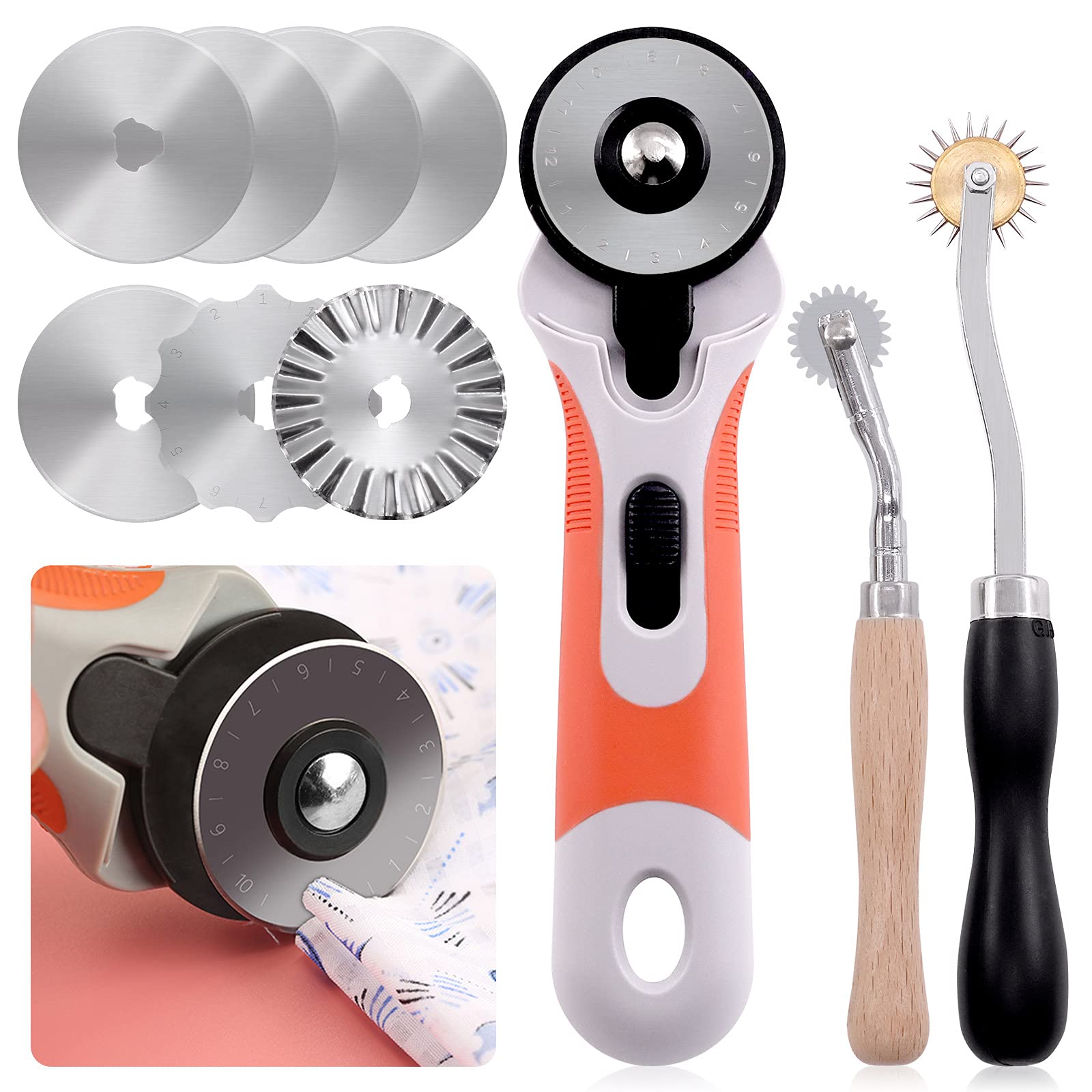 Keadic 10Pcs Quilting Rotary Cutter Set, 45mm Safety Rotary Cutter with 7 Replacement Blades & 2Pcs Tracing Wheel, Fabric Leather Cutting Tools for Sewing Craft DIY