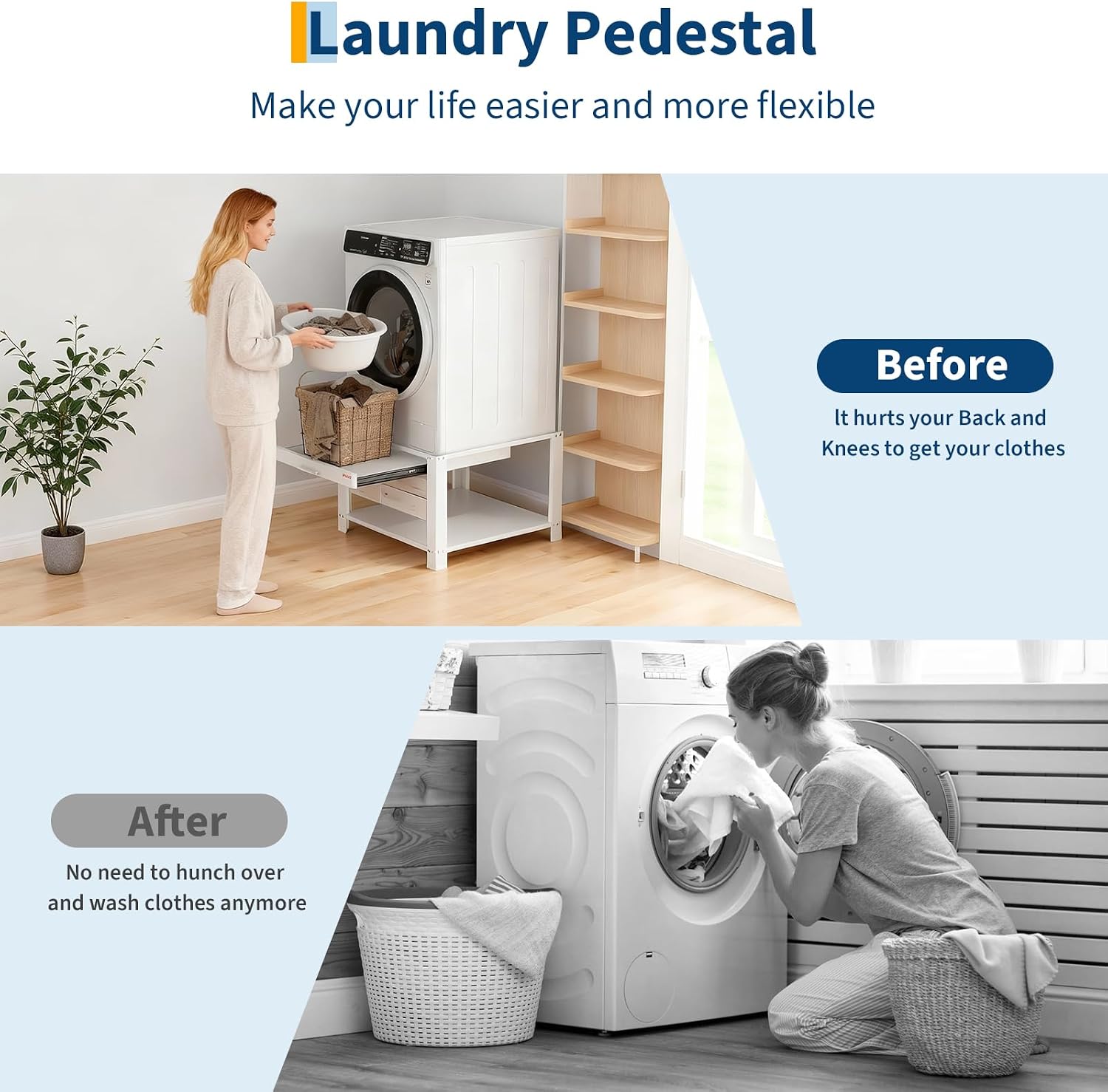 Garvee 29" Wide Laundry Pedestal for Washer and Dryer with Pullout-Shelf, Pedestal Universal Fit Anti-Vibration Washing Machine Stand with Base Storage, 800 lbs Capacity, White