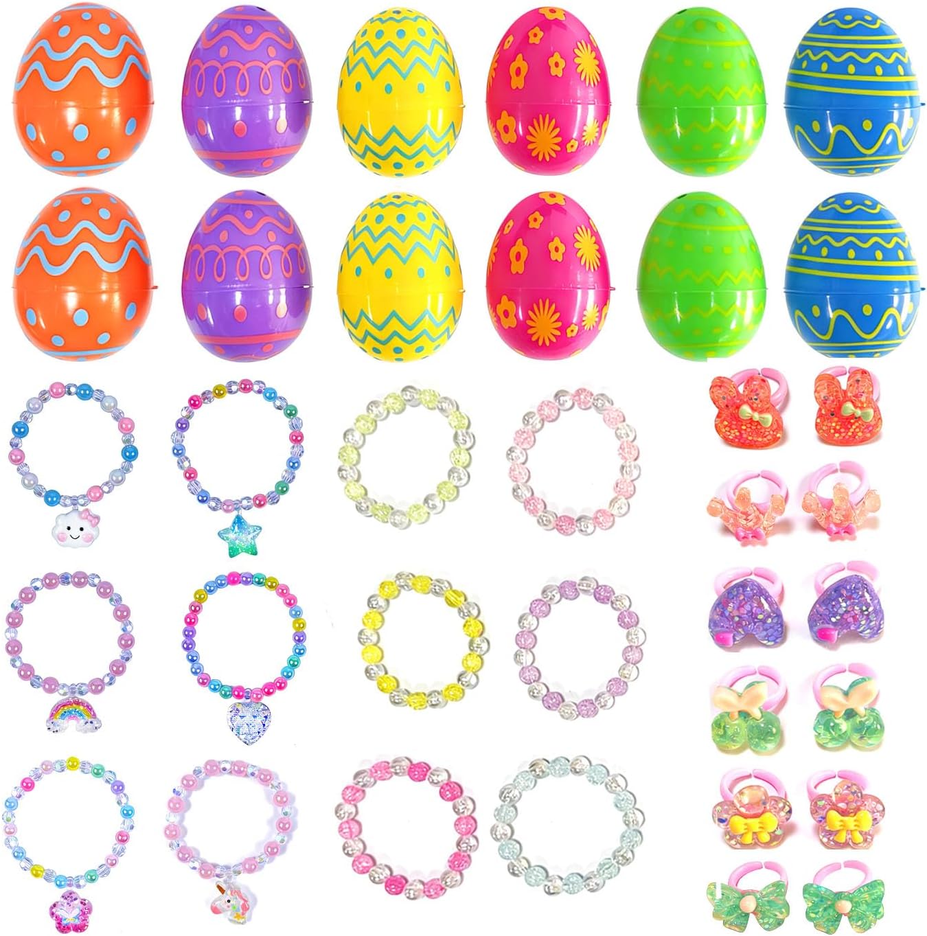 12 Pack Prefilled Princess Easter Eggs with Princess Bracelets and Rings Inside Jewelry Party Favor for Easter Basket Stuffers