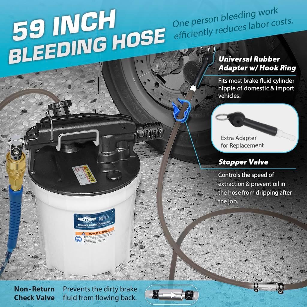 FIRSTINFO A1152KUS Taiwan Vacuum Brake Bleeder Set, 2nd Generation US. EU. Patented, Universal One Person Pneumatic Brake System Clutch Fluid Bleeding Extractor Tool with 1L Refilling Bottle