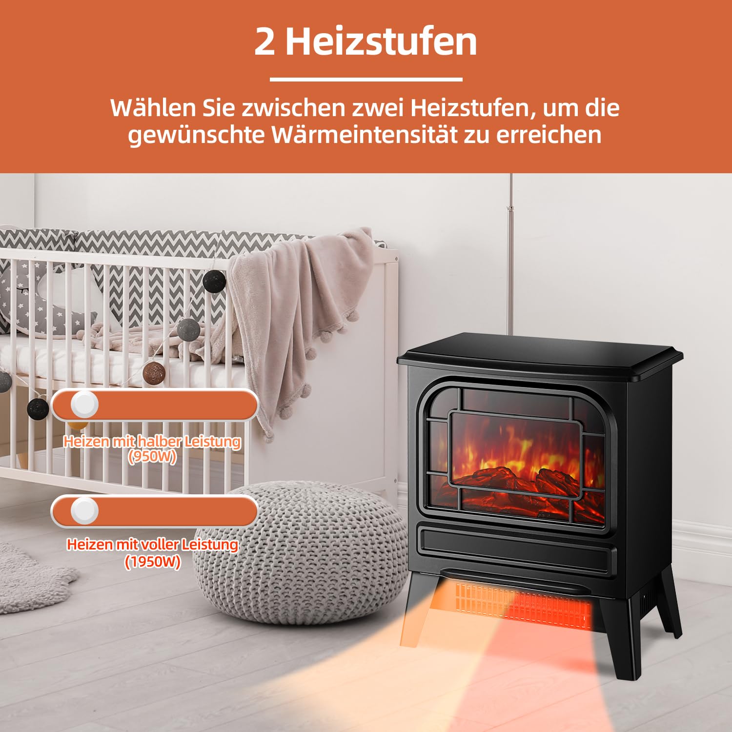 Elektrokamin mit Heizlüfter 1950W Elektro Kamin Elektrischer Heizung LED Kaminfeuer Effekt Kaminofen Flammeneffekt Heizer Ofen geräuscharm regelbar Schwarz