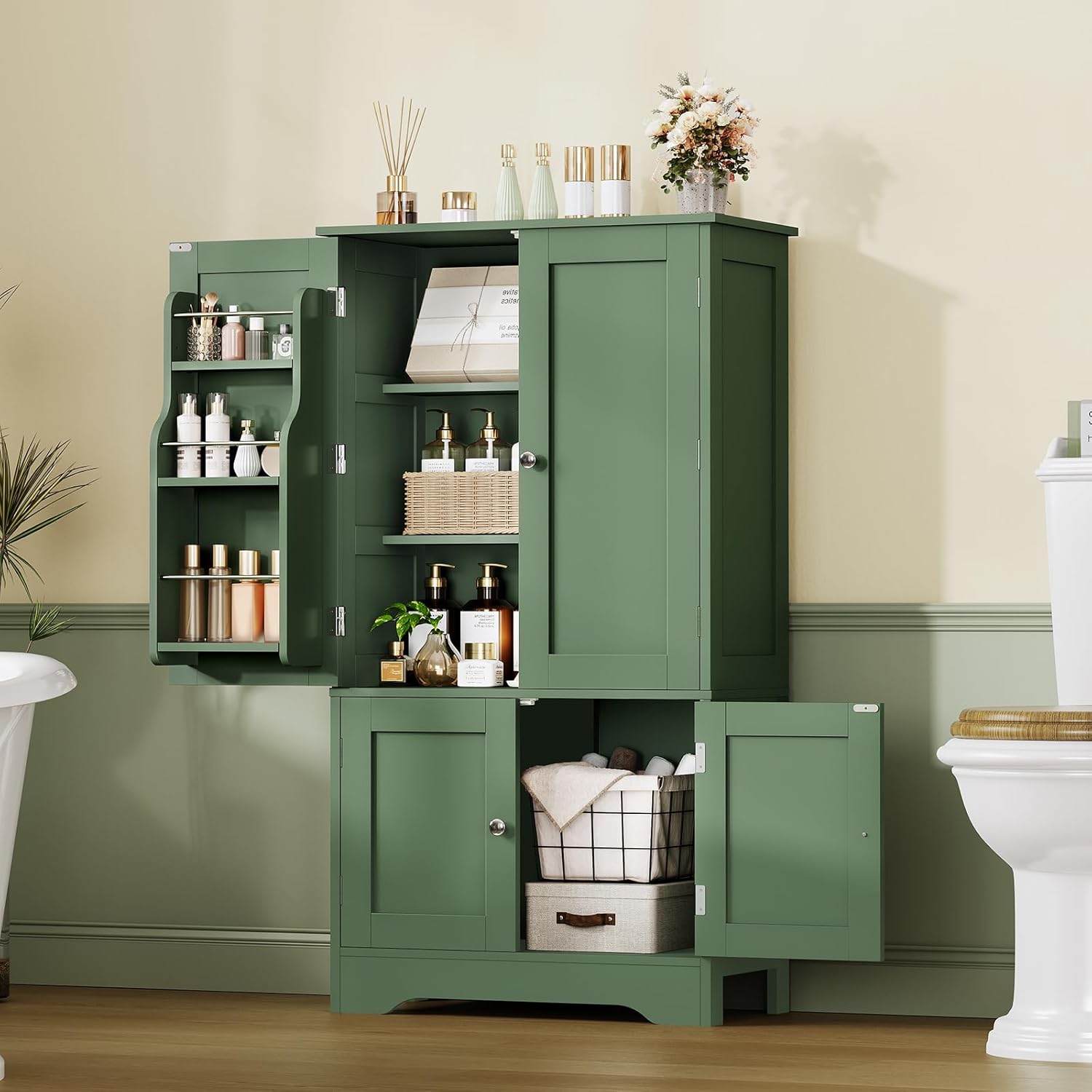 TEENFON 43" H Storage Cabinet with 4 Doors, Kitchen Cabinet with 6 Door Shelves, Kitchen Pantry Cabinets for Living Room, Dining Room, Bathroom, Forest Green