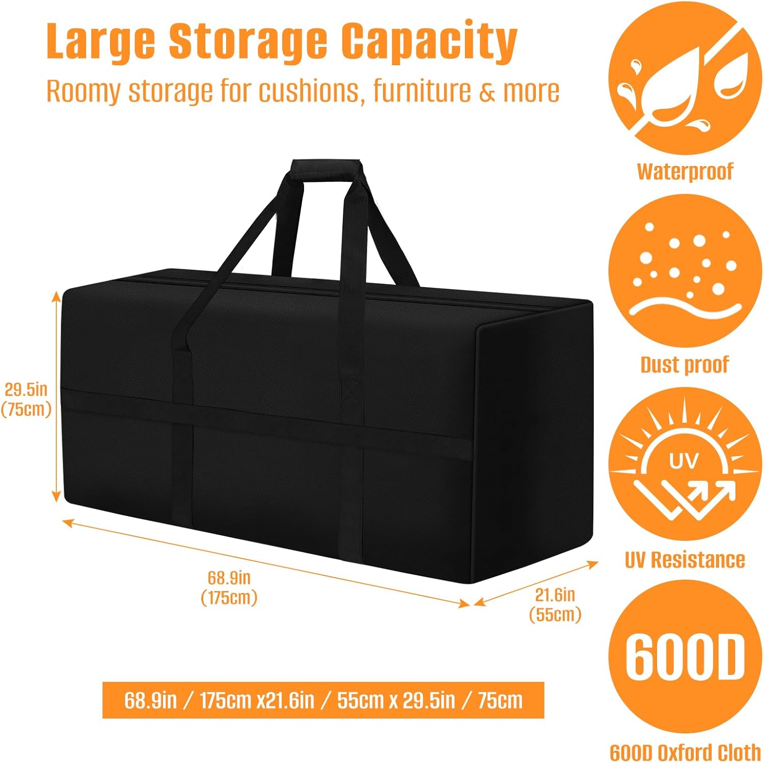 LYHNMW 2Pack Outdoor Cushion Storage Bag, 600D Oxford Fabric Waterproof Extra Large Patio Furniture Bag, Cushion Organizer Bag with Zipper & Padded Handle(69"L x 21.7"W x 29.5"H)