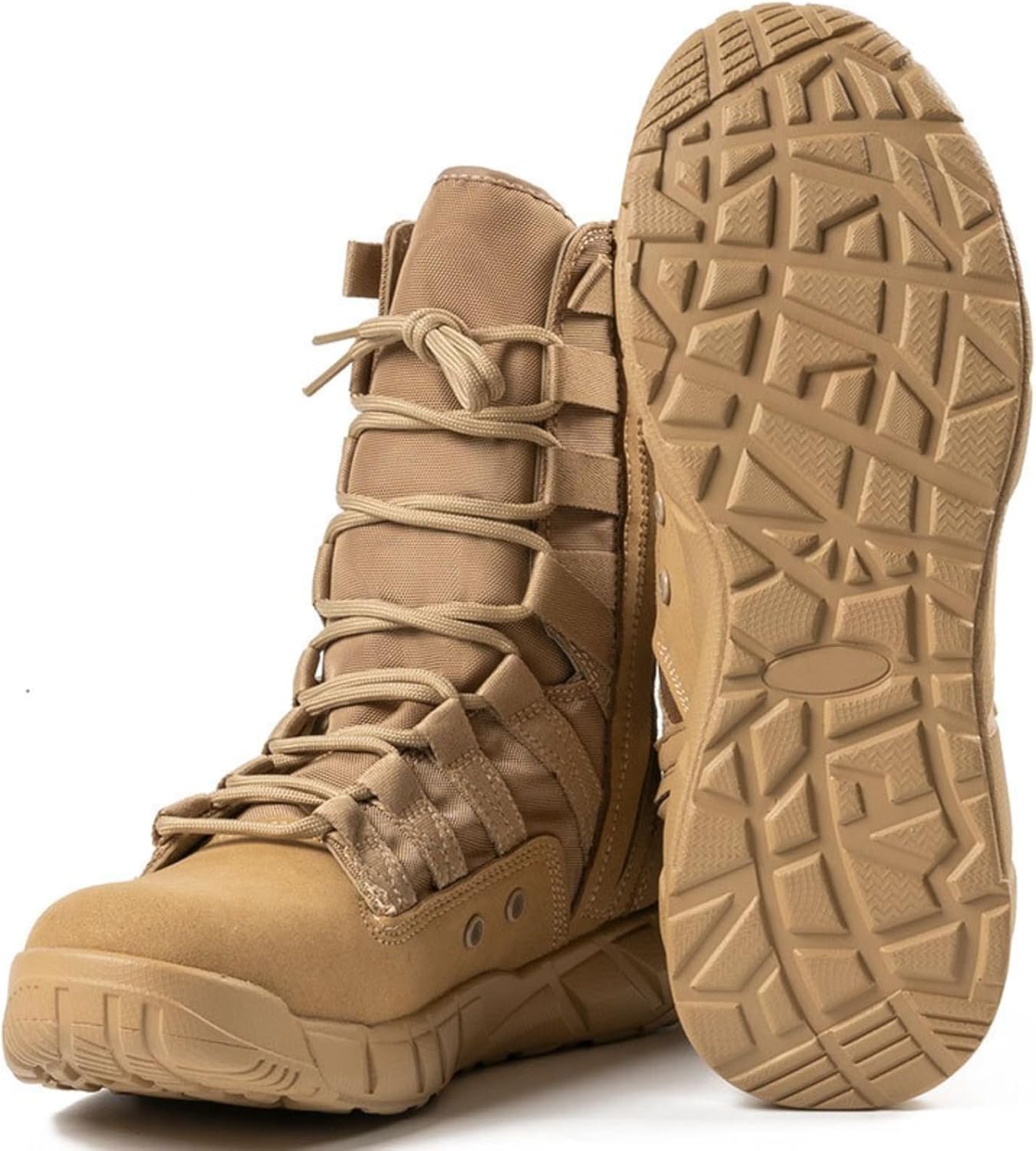Men's Leather High Top Lace Up Military Tactical Boots With Side Zipper Lightweight Non-Slip Rubber Outsole Desert Combat Boots For Backpacking Travel Army Jungle Hunting