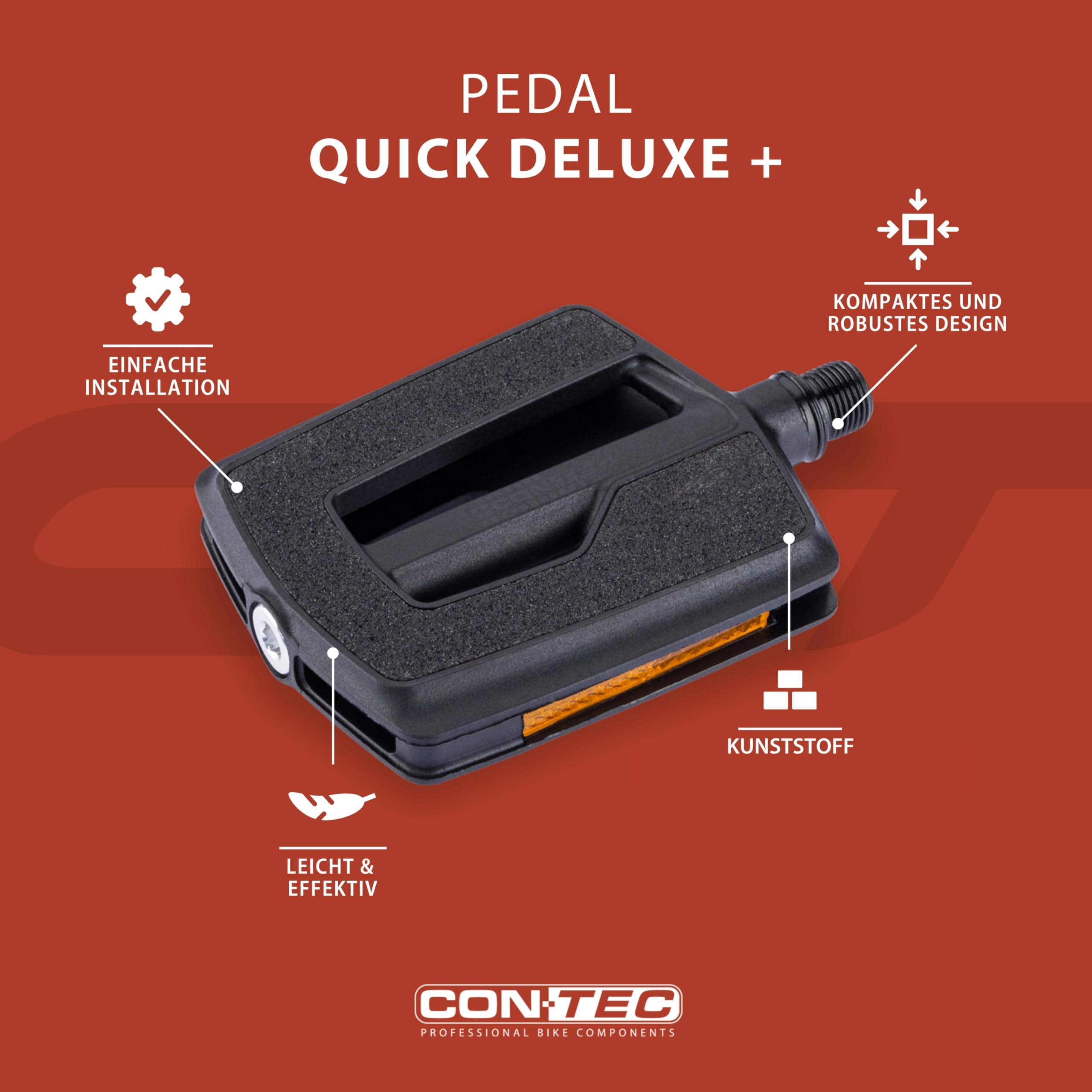 CONTEC Fahrradpedal Quick Deluxe +, Rutschfestes Pedal mit Reflektoren, Griptape und stabilem Nylon-Körper, ideal für City-Bikes und Trekkingräder, 9/16