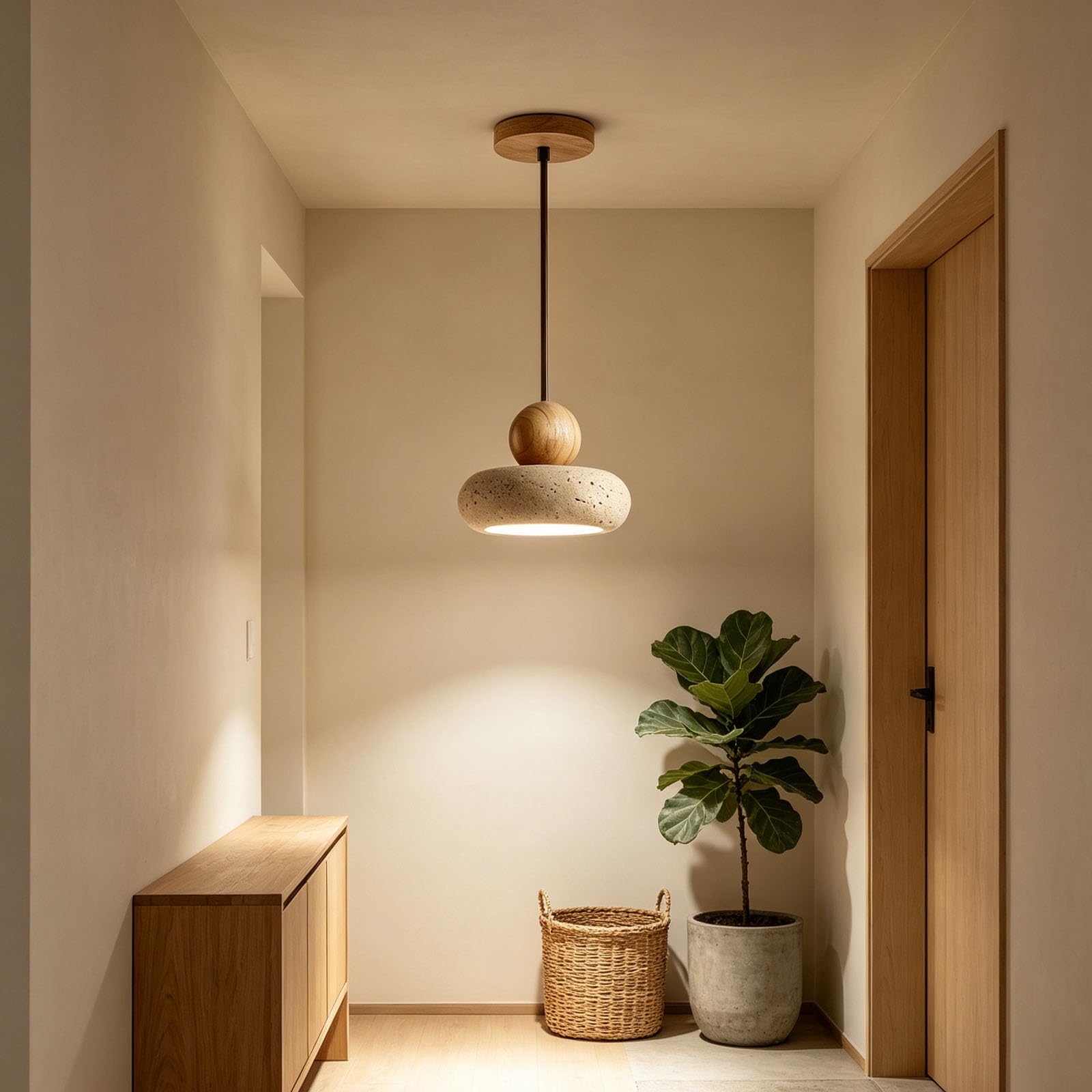 Hängeleuchte im japanischen Stil, rustikale Steinholzlampe for Esszimmer | Handgefertigte Hängevorrichtung mit walnussfarbenen Details for die Inneneinrichtung von Kücheninseln(Warm,Natural)