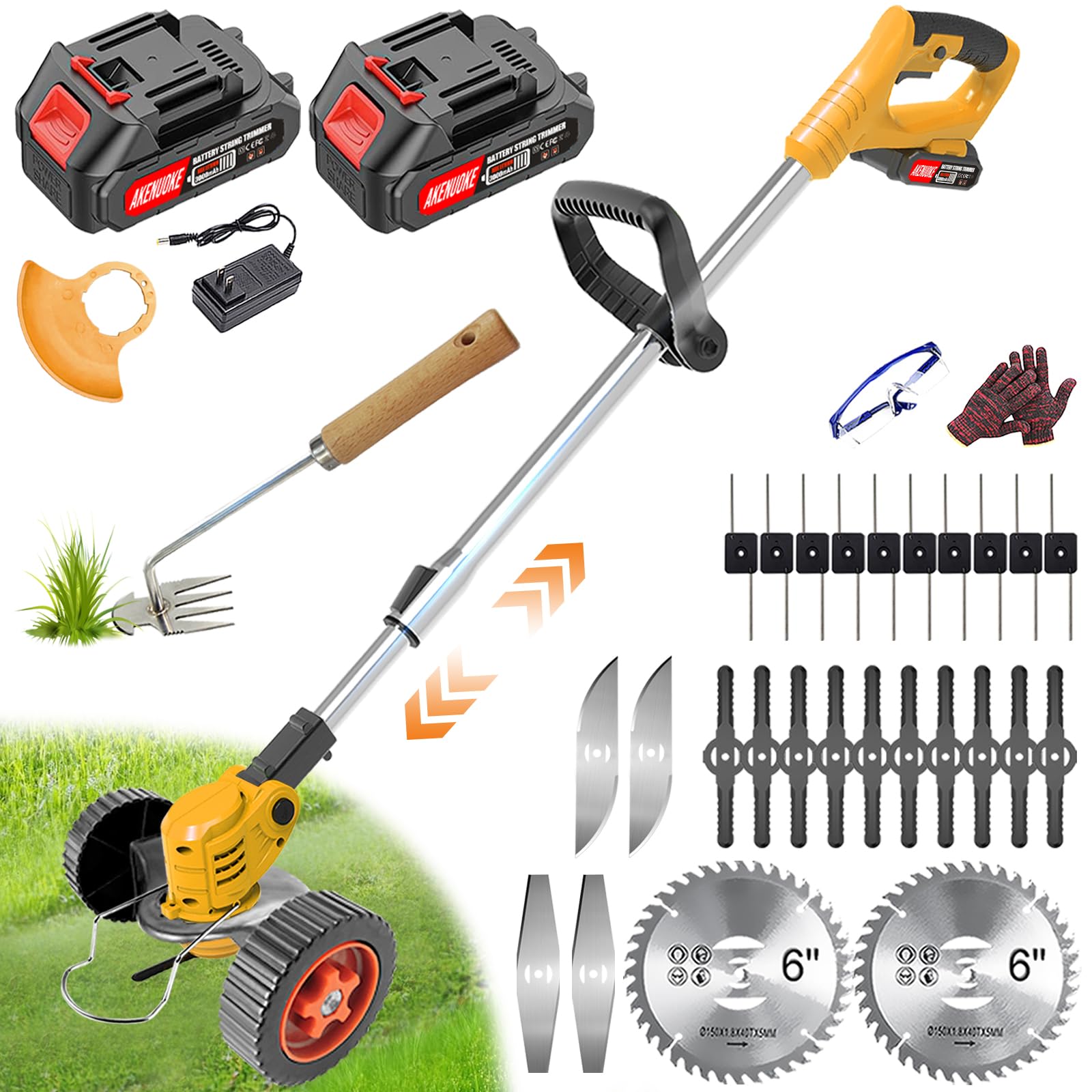Weed Wacker Eater Battery Powered, 21V Electric Weed Wacker Cordless, No String Grass Trimmers with 2 2.0Ah Battery Operated & Charger, Rechargeable Weed Trimmer/Edger/Brush Cutter for Yard Garden