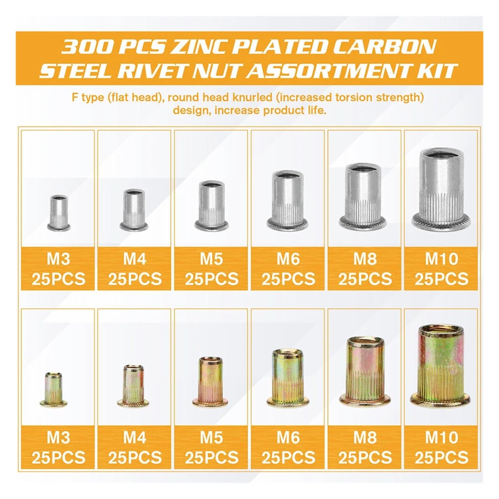 300 Pieces Aluminum Flat Head Nuts + Color Zinc Carbon Steel Rivet Nuts Classification Kit M3 M4 M5 M6 M8 M10 Combination Set