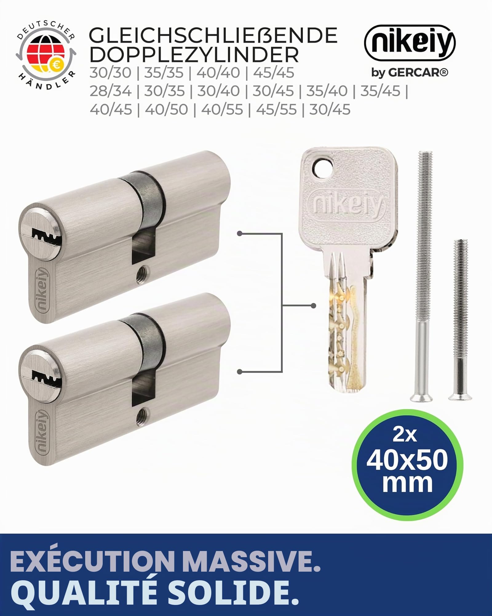 GERCAR Pro Lot de 2 cylindres de serrure, massifs, à profil identique, double cylindre, en laiton mat, avec 10 clés, clé réversible, longueur : 90 mm, A : 40 B : 50