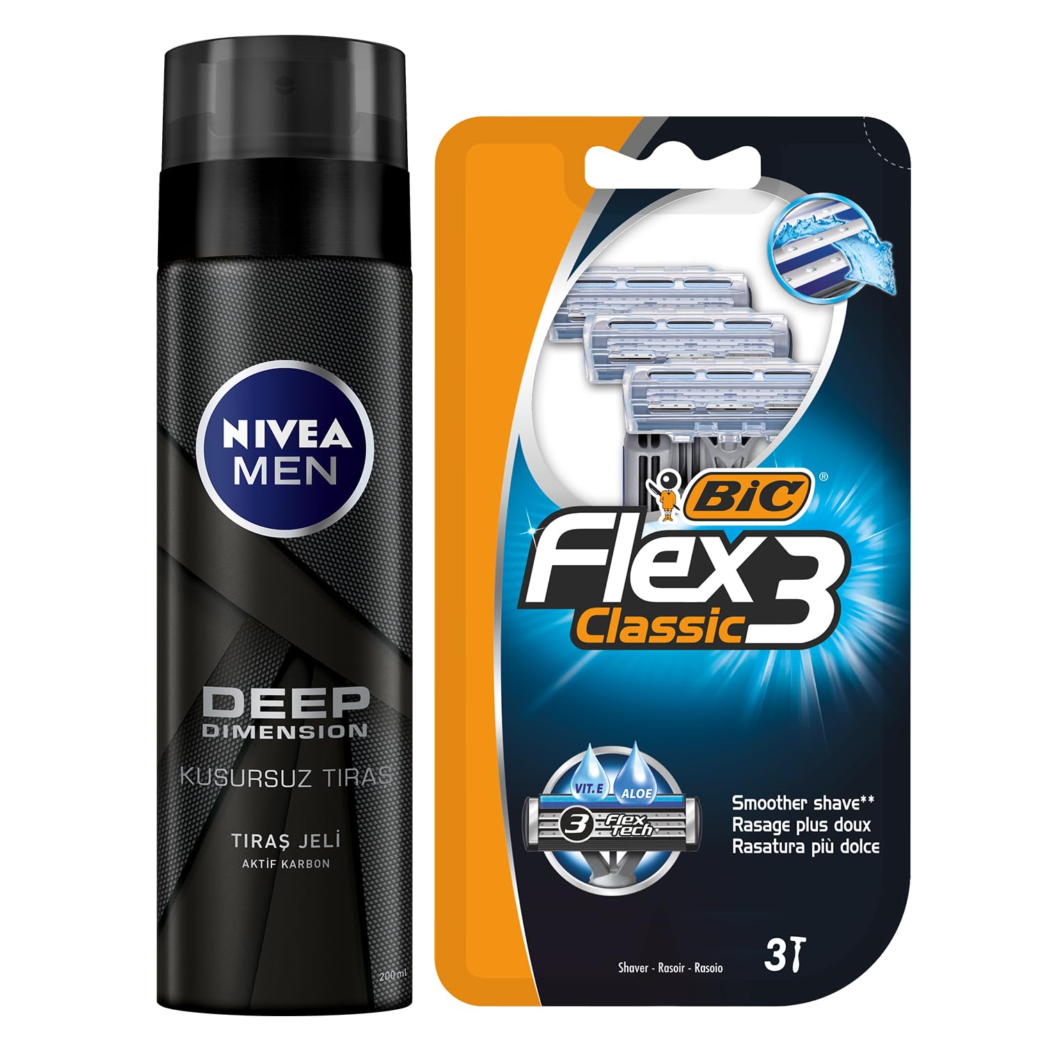NIVEA MEN Erkek Tıraş Jeli Deep Dimension 200ml ve BIC Flex 3 Erkek Tıraş Bıçağı 3'lü Blister 3 Bıçak, Tıraş Bakım Seti, Kaygan Tıraş