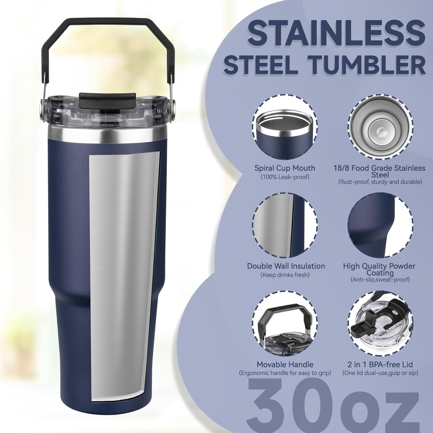30oz Tumbler with Handle and Flip Straw Lid Double Wall Insulated Travel Coffee Mug Stainless Steel Vacuum Insulated Coffee Tumbler Cup for Hot and Cold Beverages,Leak-proof&BPA-free (30oz,Navy blue) - Image 3