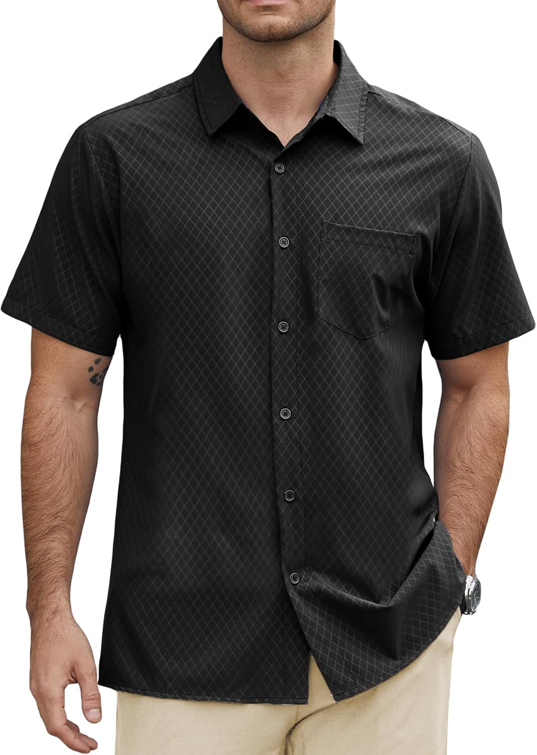 Hardaddy Men's Casual Button Down Shirts Short Sleeve Stretch Button Up Pattern Business Dress Shirt for Men