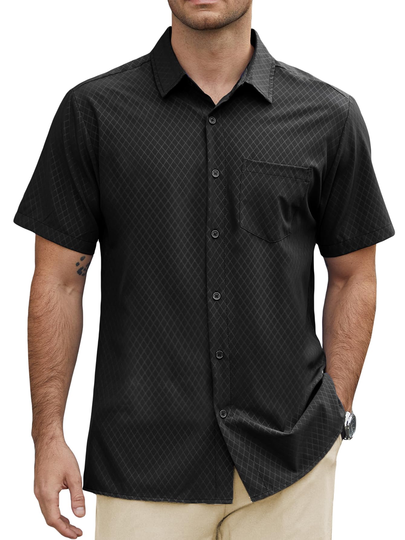 Hardaddy Mens Casual Button Down Shirts Short Sleeve Stretch Button Up Pattern Business Dress Shirt for Men
