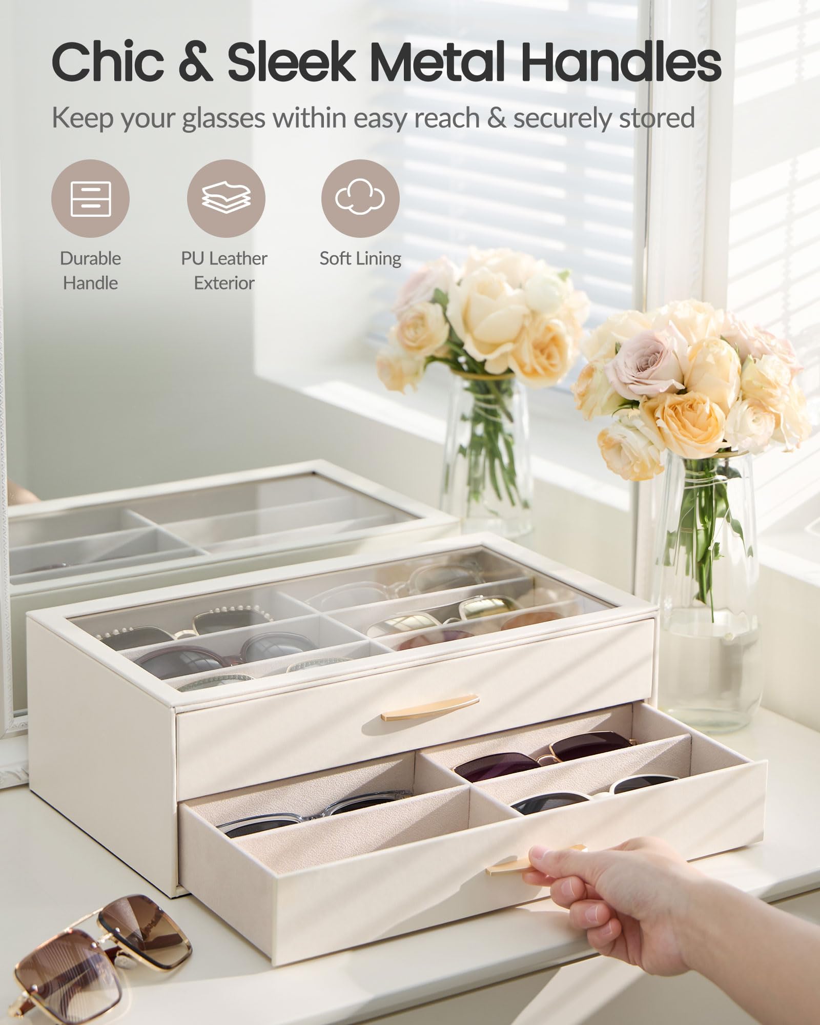 Lolalet Organizador Gafas de Sol para Mujer, Estuche de PU con Tapa Transparente y 2 Niveles, Capacidad para 12 Gafas -Cream