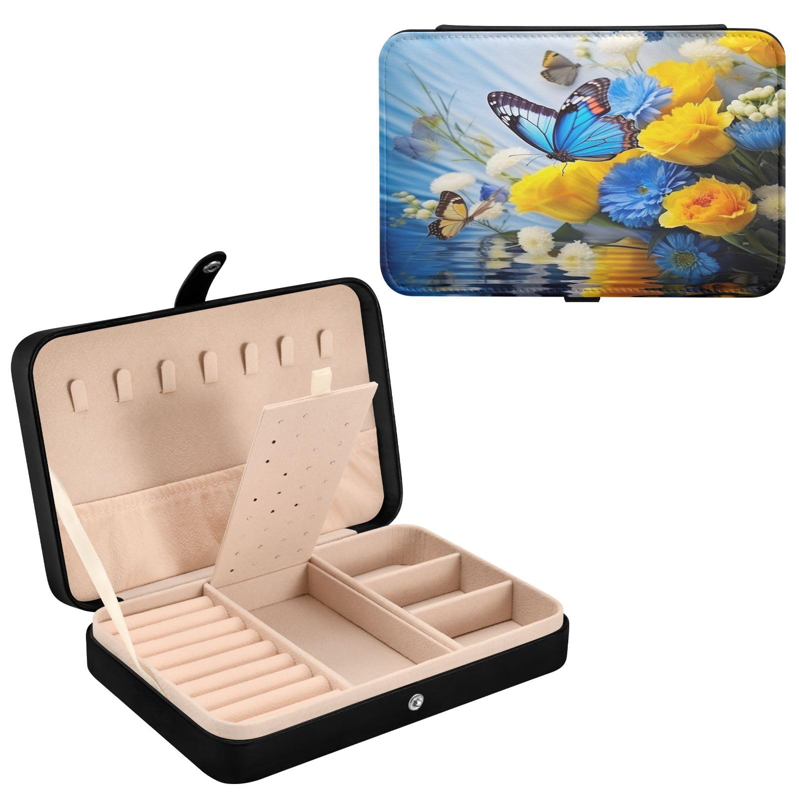 Haskirky Blue & Yellow Flowers Jewelry Box Portable PU Leather Travel Jewelry Organize for Women Jewelry Storage Display Holder for Ring, Necklace, Earring
