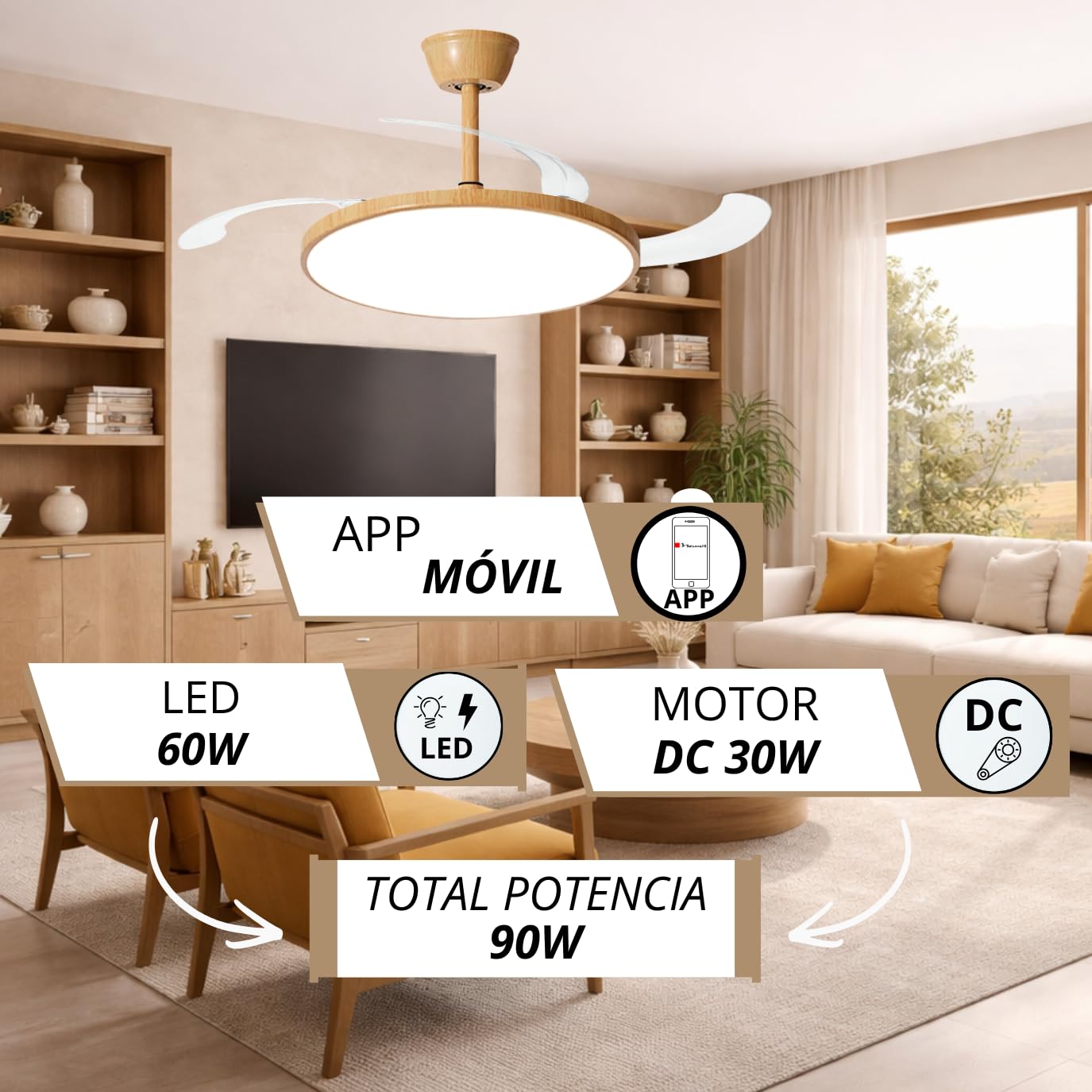 NARVI Ventilador de Techo Acabado Madera Haya con Luz LED Regulable, Motor DC Silencioso de Bajo Consumo, Lámpara Ventilador con Mando, 3 Aspas Retráctiles, MUMBAI 8991 WDNL