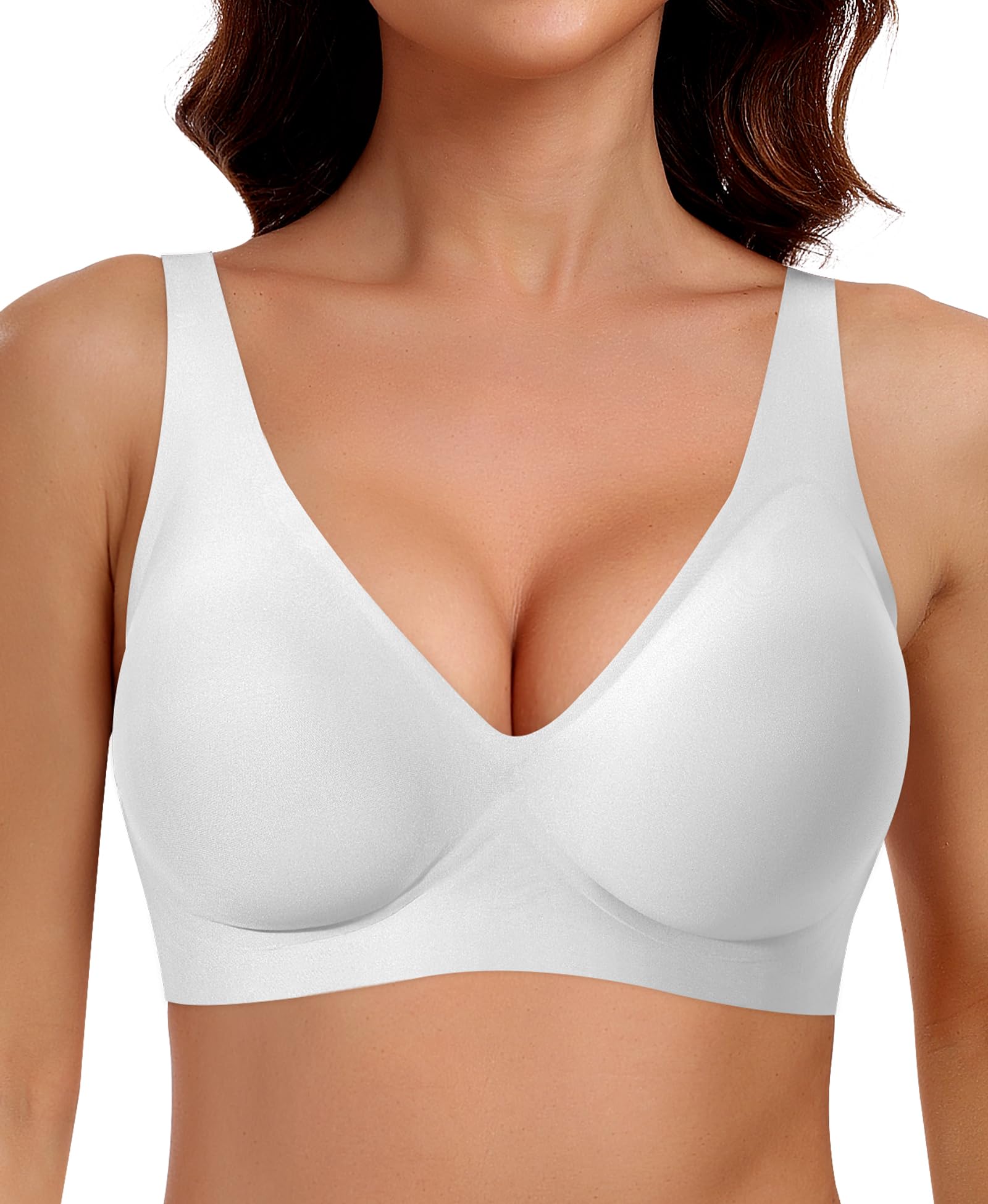 Damen BH Tiefem V-Ausschnitt Nahtloser BH Ohne Bügel Push Up BHs Bralette Soft Bequem BHs Bügellos Bustier (Weiß, XL)