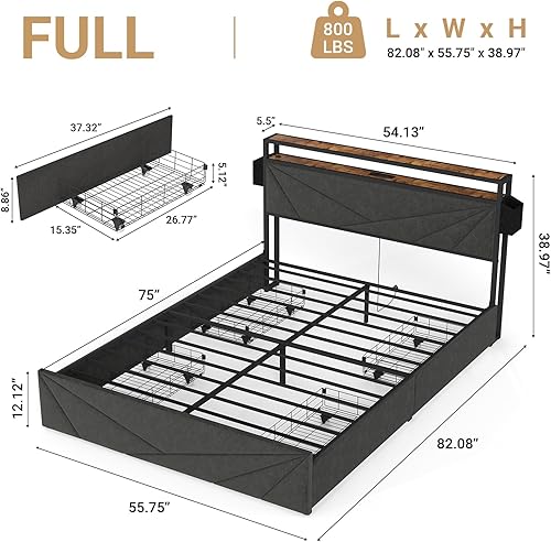 Miniatura 46 de Base de cama de tamaño matrimonial con cabecero, plataforma LED con 4 cajones de almacenamiento, estación de carga integrada, sin ruido, base de