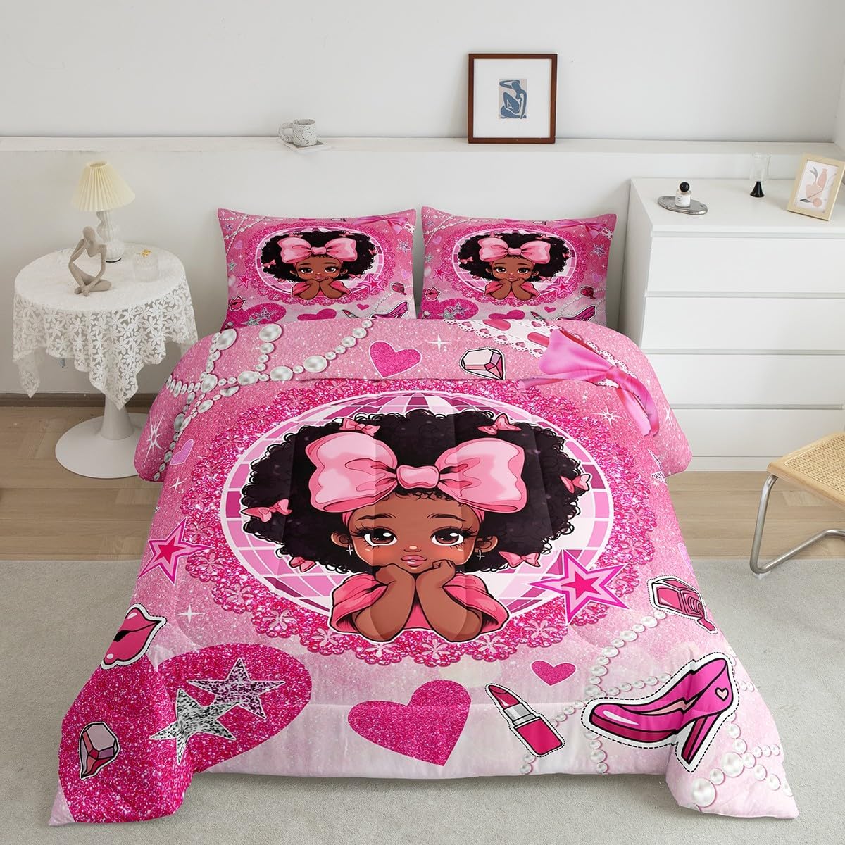 Manfei Black Princess Girly Comforter Set Full Size,High-Heeled Shoes Lip Bowknot Diamond Bedding Set,Girls Women Room Decor,African American Girls Down Comforter,Pink Cute Duvet Insert,2 Pillowcases - Image 6