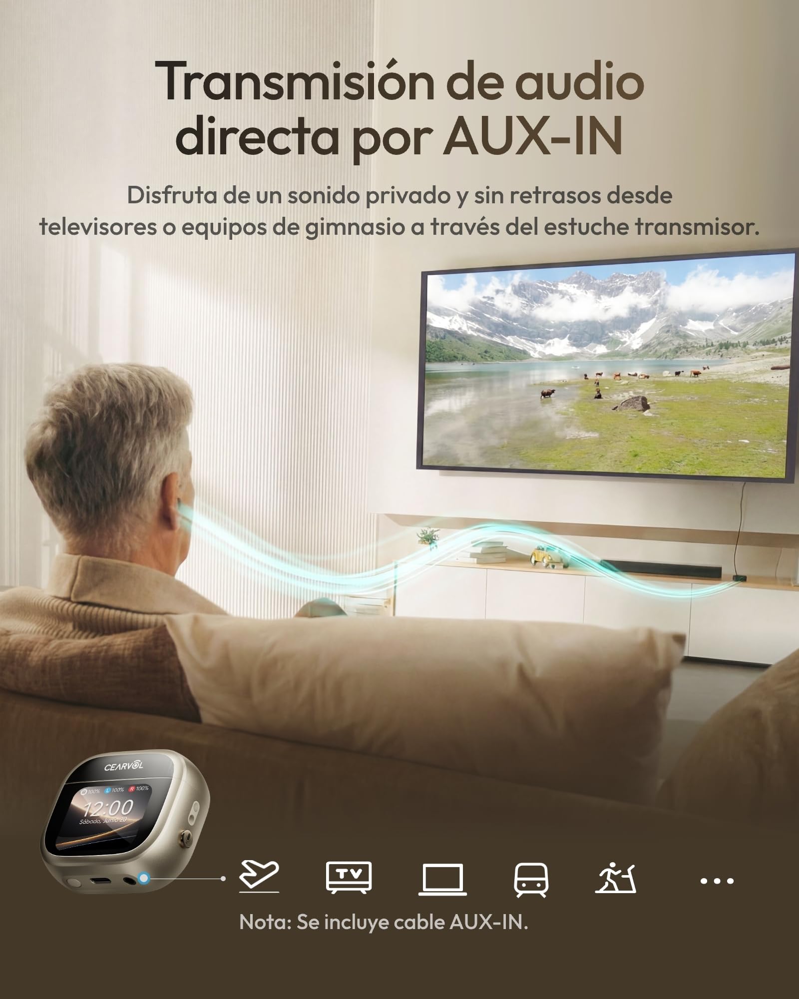 Wave Amplificador de Sonido Bluetooth, Estuche con Pantalla Táctil, App Control, Entrada AUX, Recargable, Ideal para TV y Llamadas, Blanco Estelar