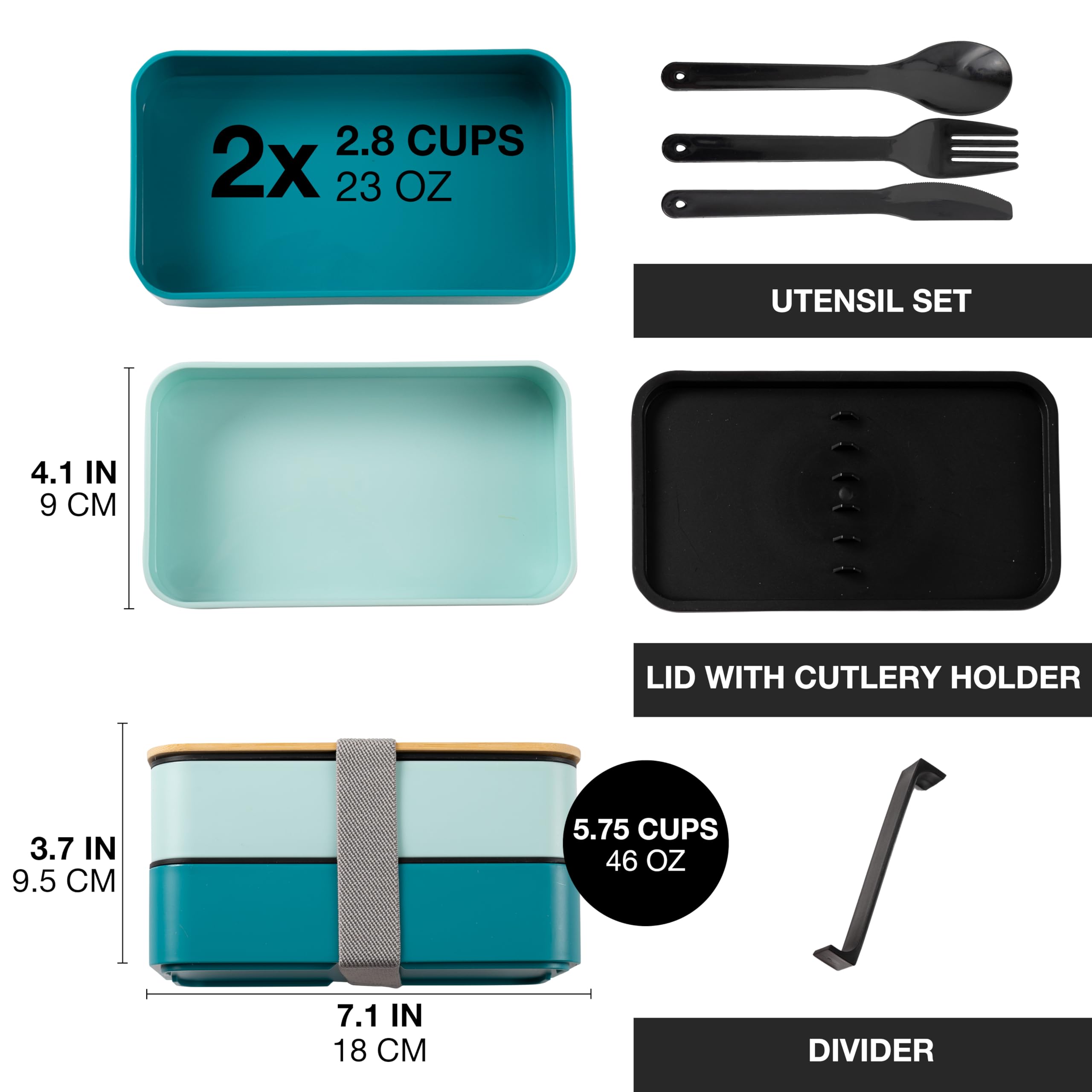 Moritz & Moritz Bento Box Adult Lunch Box with Compartments – Stackable, Leakproof, BPA-Free, Includes Cutlery & Bamboo Lid – Microwave & Dishwasher Safe – Blue – German Designed