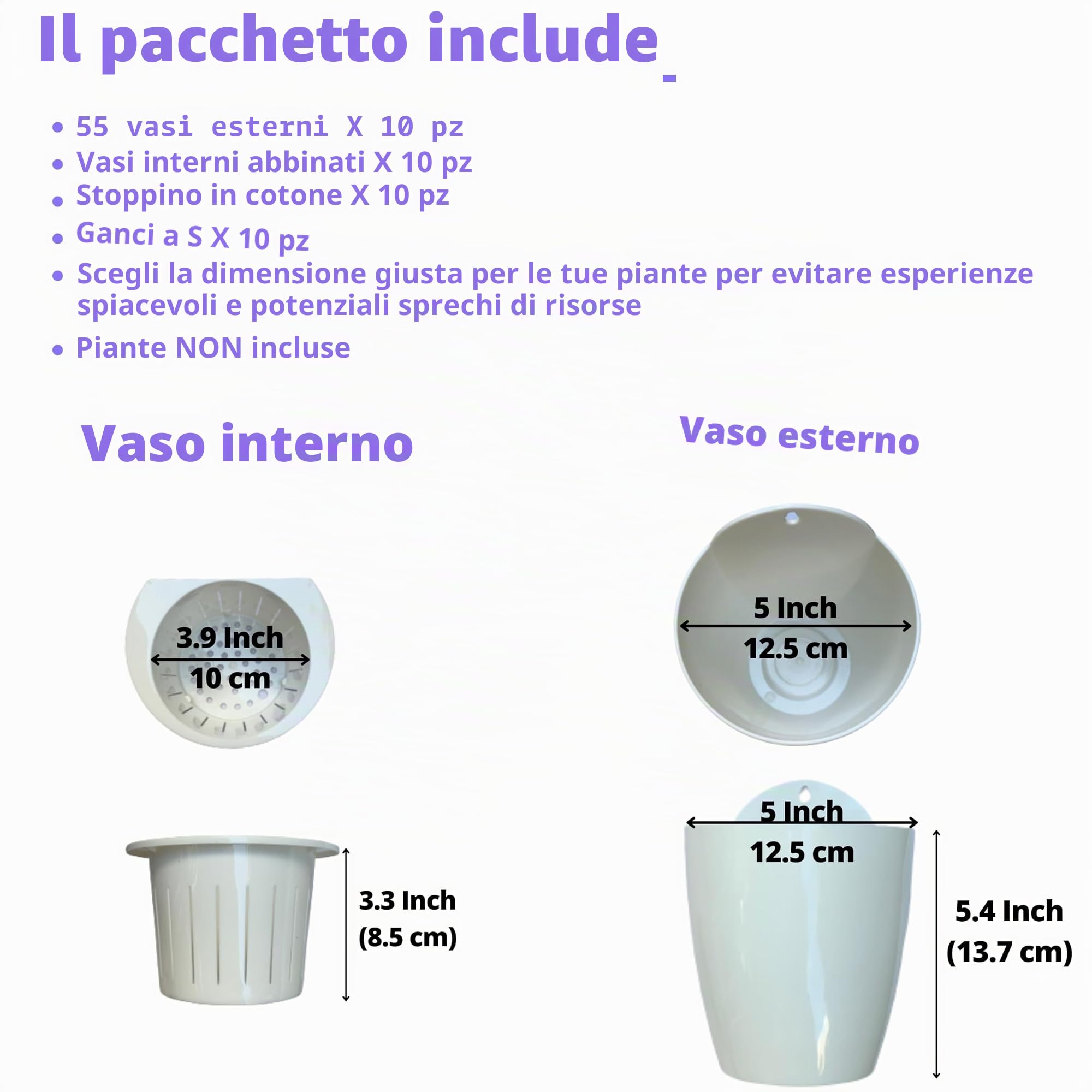 LáLáGreen - Fioriere da parete per piante da interno, confezione da 10, vaso in plastica autoirrigante da 12,7 cm, sistema di fioriere da parete, alla moda, per erbe aromatiche, bianco