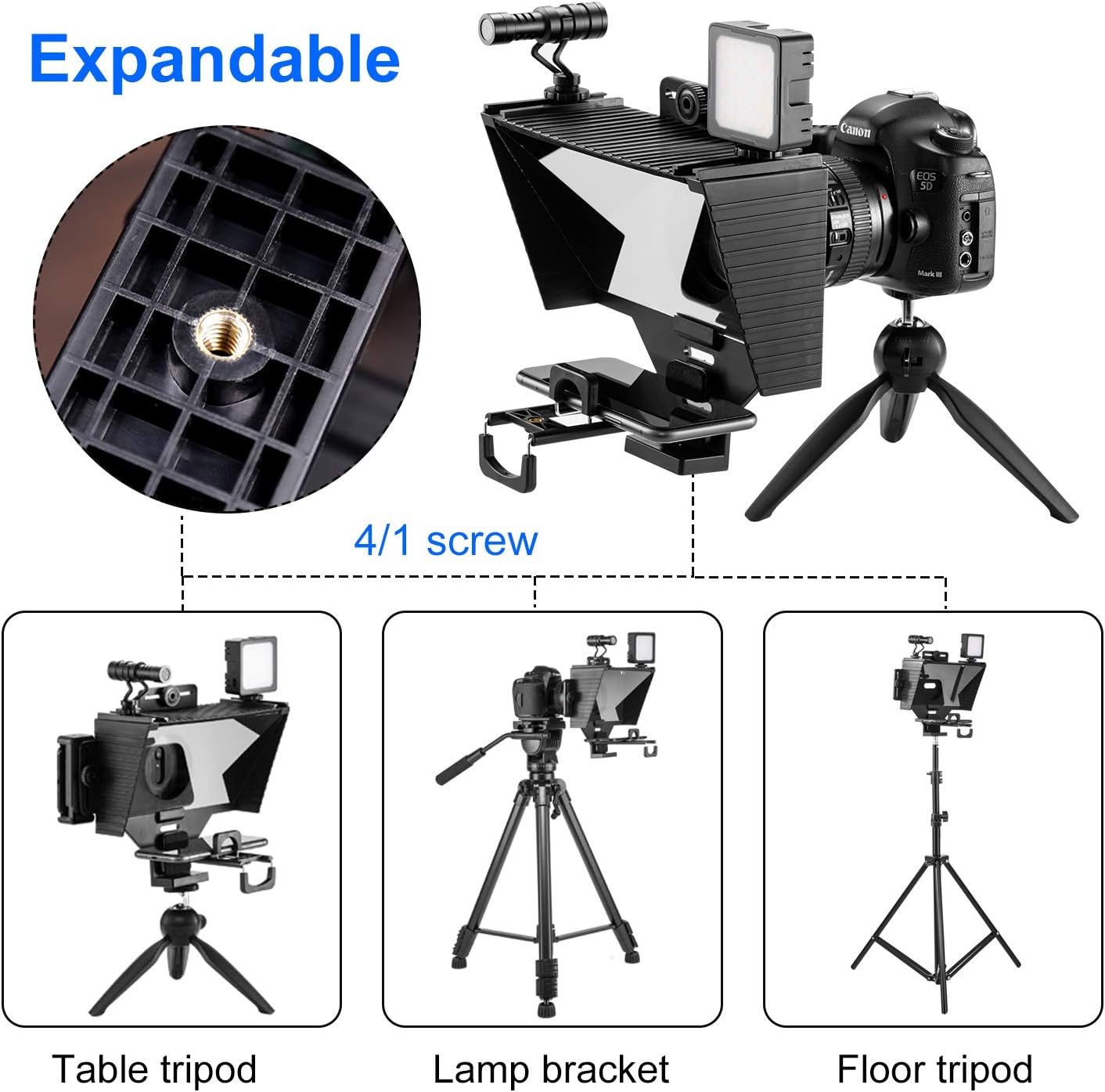 Image illustrating the 1/4 inch screw mount on the teleprompter and examples of how it can be mounted on a table tripod, lamp bracket, or floor tripod.