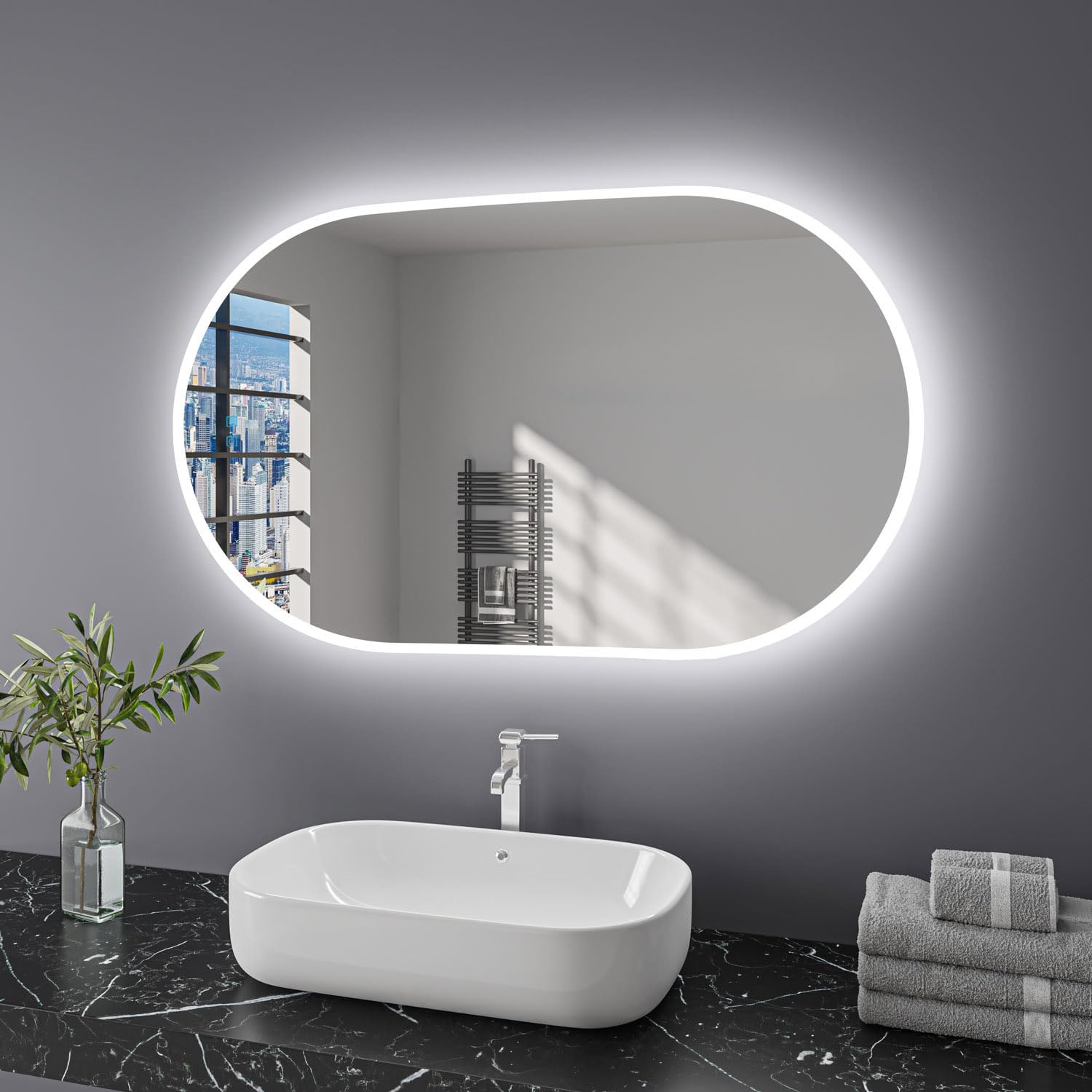 Espejo de baño ovalado con luces LED, 700 x 1200 mm, espejo de baño iluminado con antivaho regulable, luz de 3 colores, función de memoria horizontal/vertical (27.56 x 47.24 pulgadas)