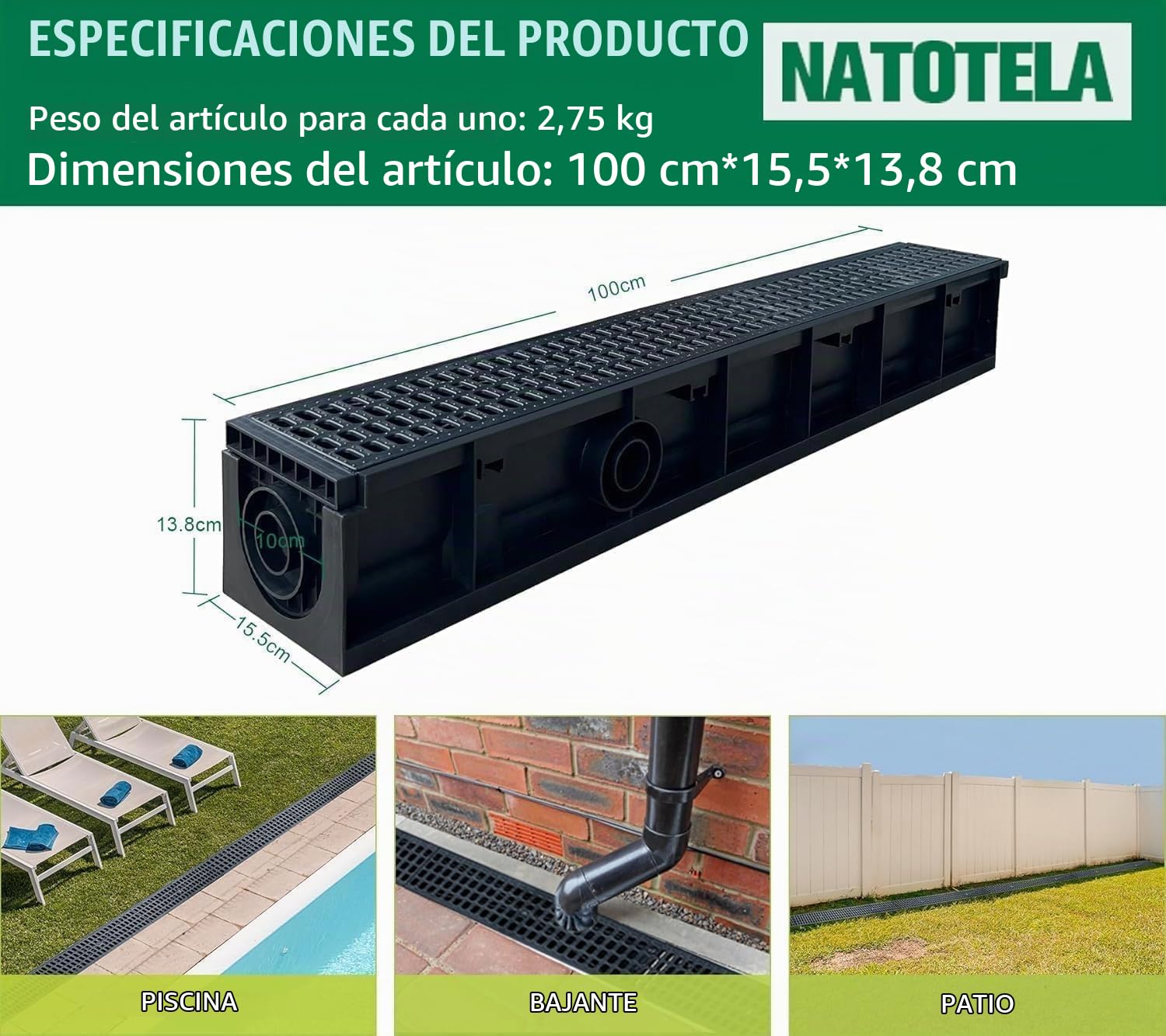 Canaleta de drenaje (6 metros) con rejilla de plástico, altura de drenaje: 100 mm, EN1433 A15, canalón con 2 tapas de extremo, para terraza, jardín, transitable, resistente a las heladas