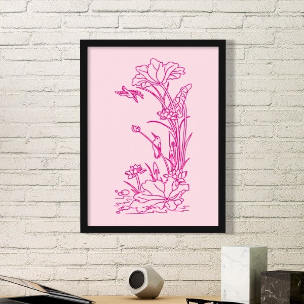 Peinture d'art fleur de lotus et son cadre en bois noir noble