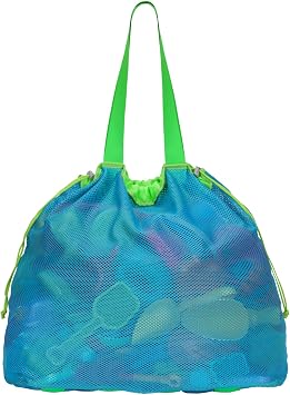 Extra Large Mesh Beach Toy Bag With Drawstring - Lightweight Sand Toy Bag with Reinforced Bottom, Foldable Storage Tote Bag for Beach Pool Travel Essentials, Ocean Blue