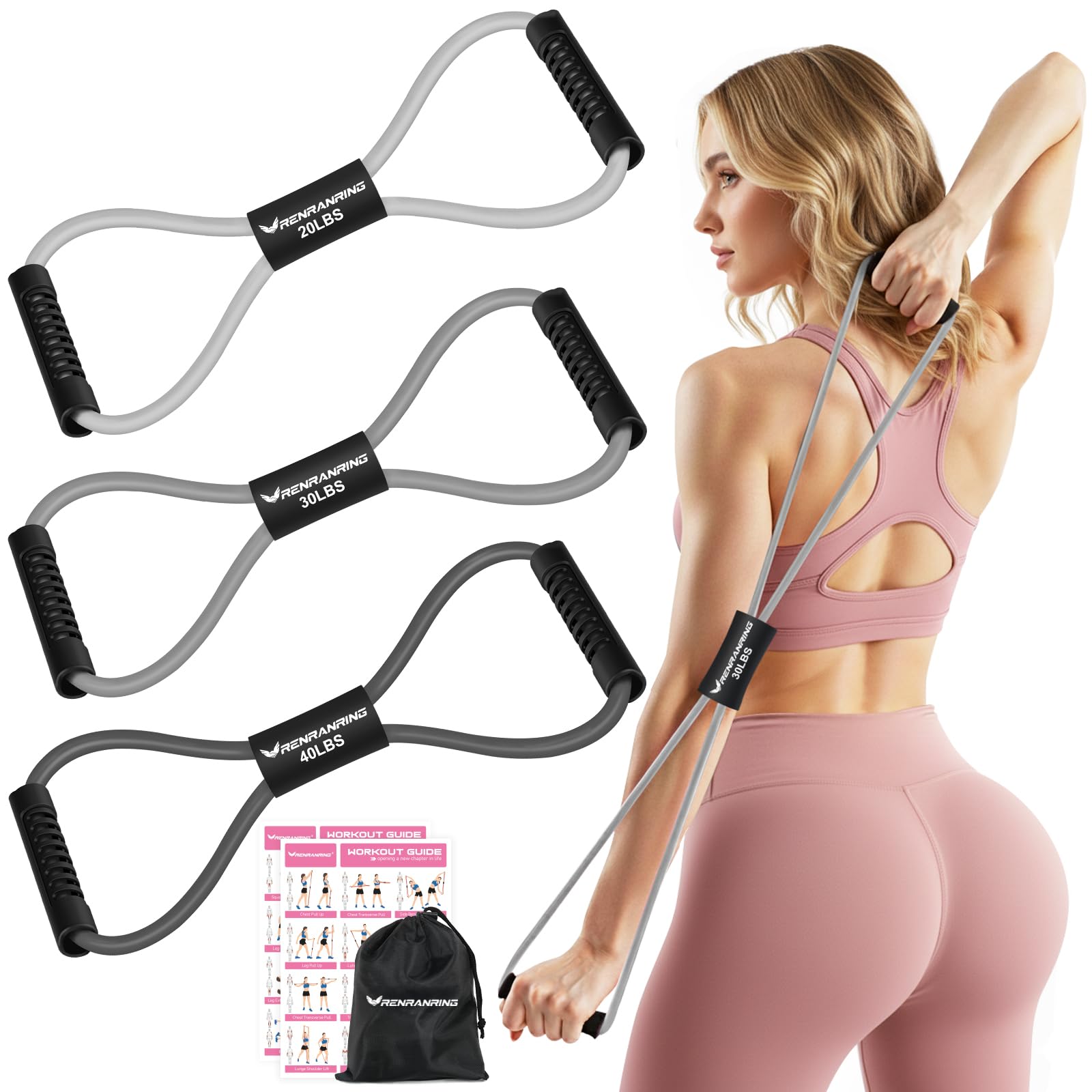 RENRANRING Figure 8 Fitness Resistance Bands with Handles - Exercise Tube Band Set of 3 for Arm and Shoulder Stretch, Rope 8 Word Elastic for Women and Men