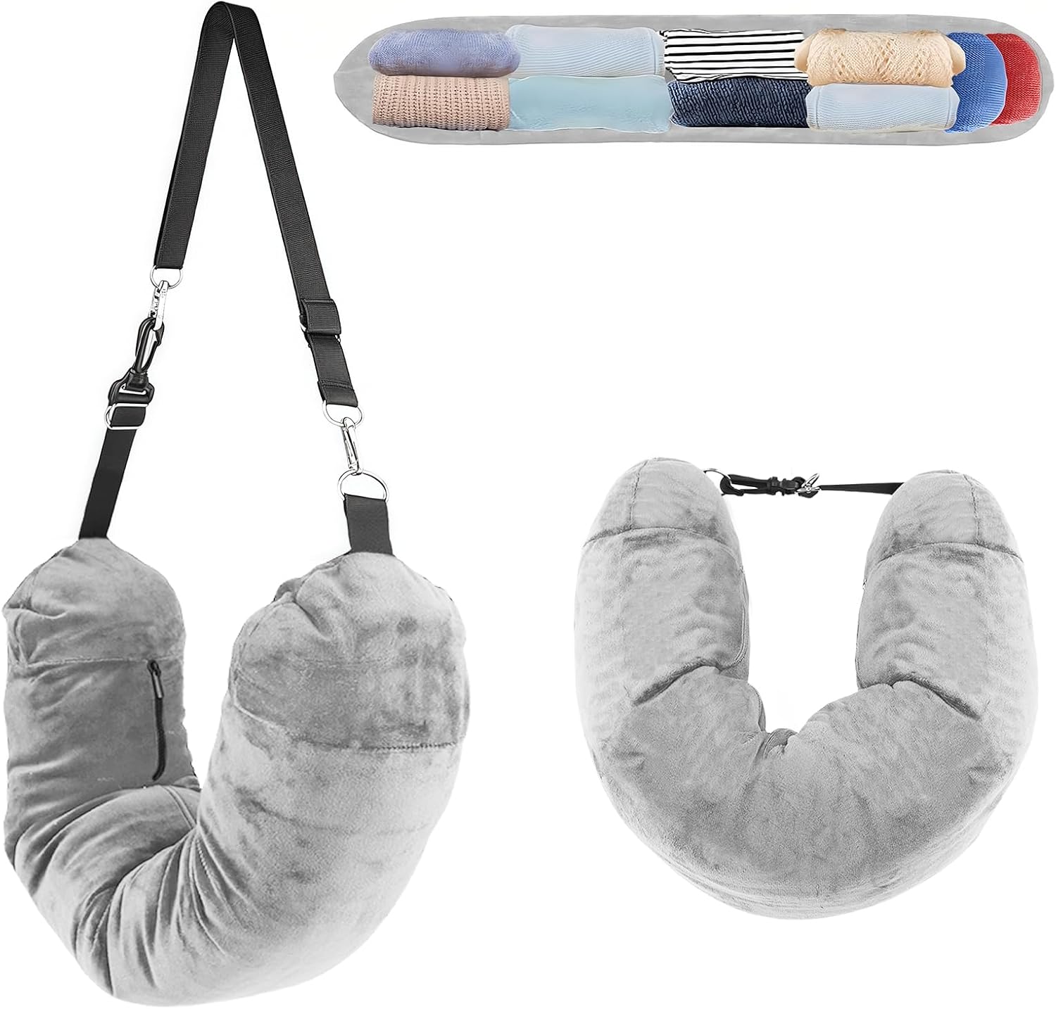 Soft Stuffable Neck Pillow for Travel Multifunctional U-Shaped Cushion Fillable with Clothes for Extra Luggage Space, Adjustable Strap for Airplane, Camping, Train, Hiking (Grey) Soft Stuffable Neck Pillow for Travel Multifunctional U-Shaped Cushion Fillable with Clothes for Extra Luggage Space, Adjustable Strap for Airplane, Camping, Train, Hiking (Grey)