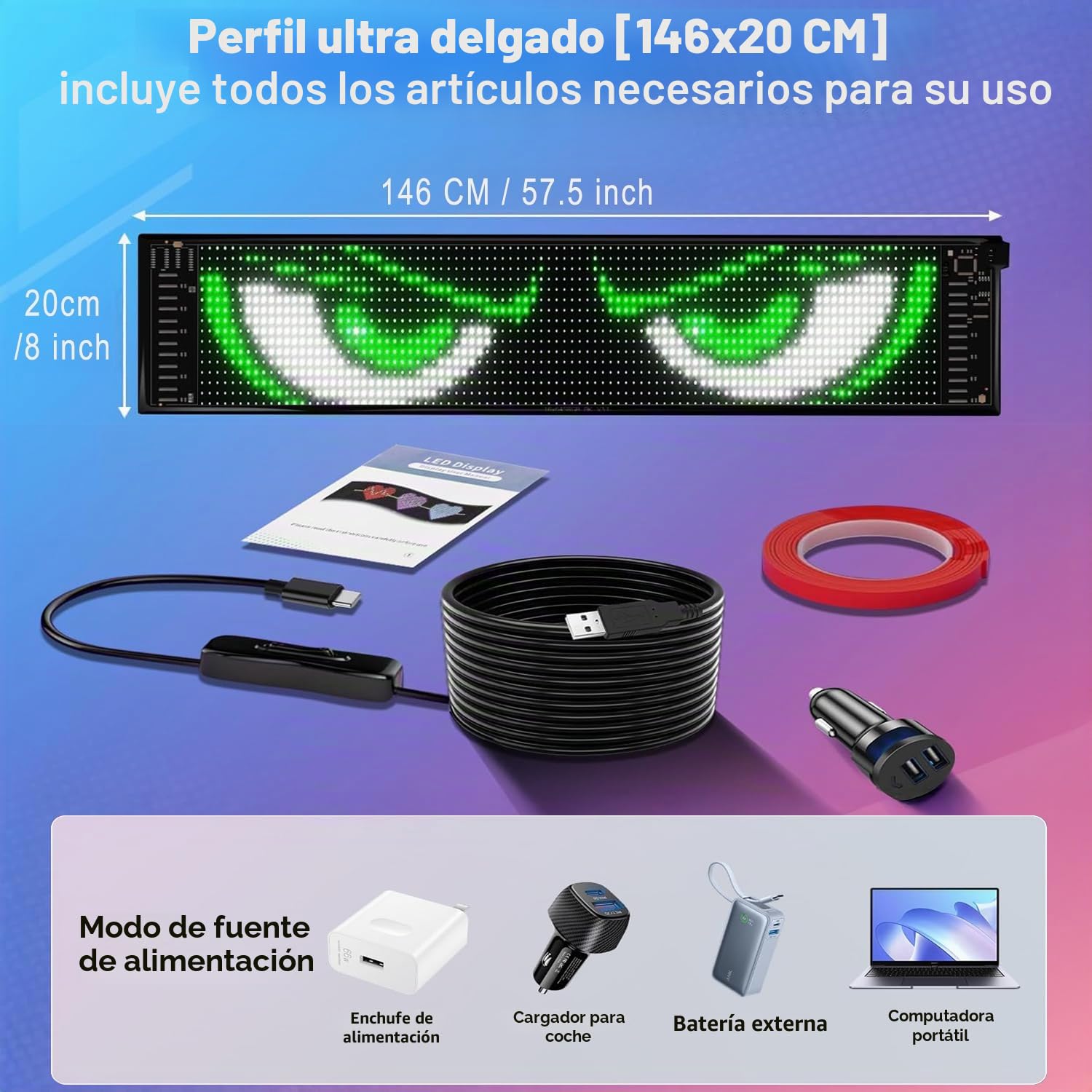 Grande Tablero de indicadores LED flexible, 146 x 20 cm, programable RGB mediante Bluetooth Smart App, panel de matriz de ojos de diablo, para coche, bar, publicidad, restaurante, tienda, decoración