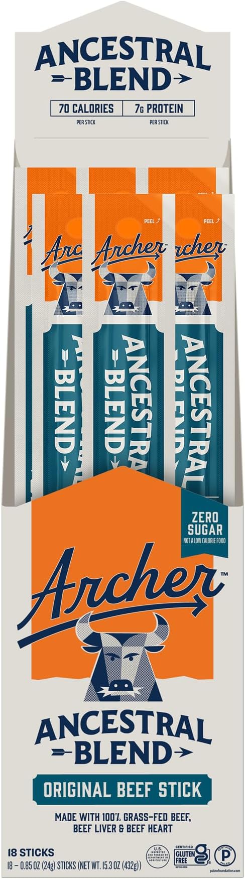 Ancestral Beef Jerky Sticks - Grass Fed Beef Individually Wrapped, Sugar Free, Bulk, Jerky Snack Packs, Gluten Free, Paleo, Keto, 7g Protein Each - 1 oz (Pack of 18)