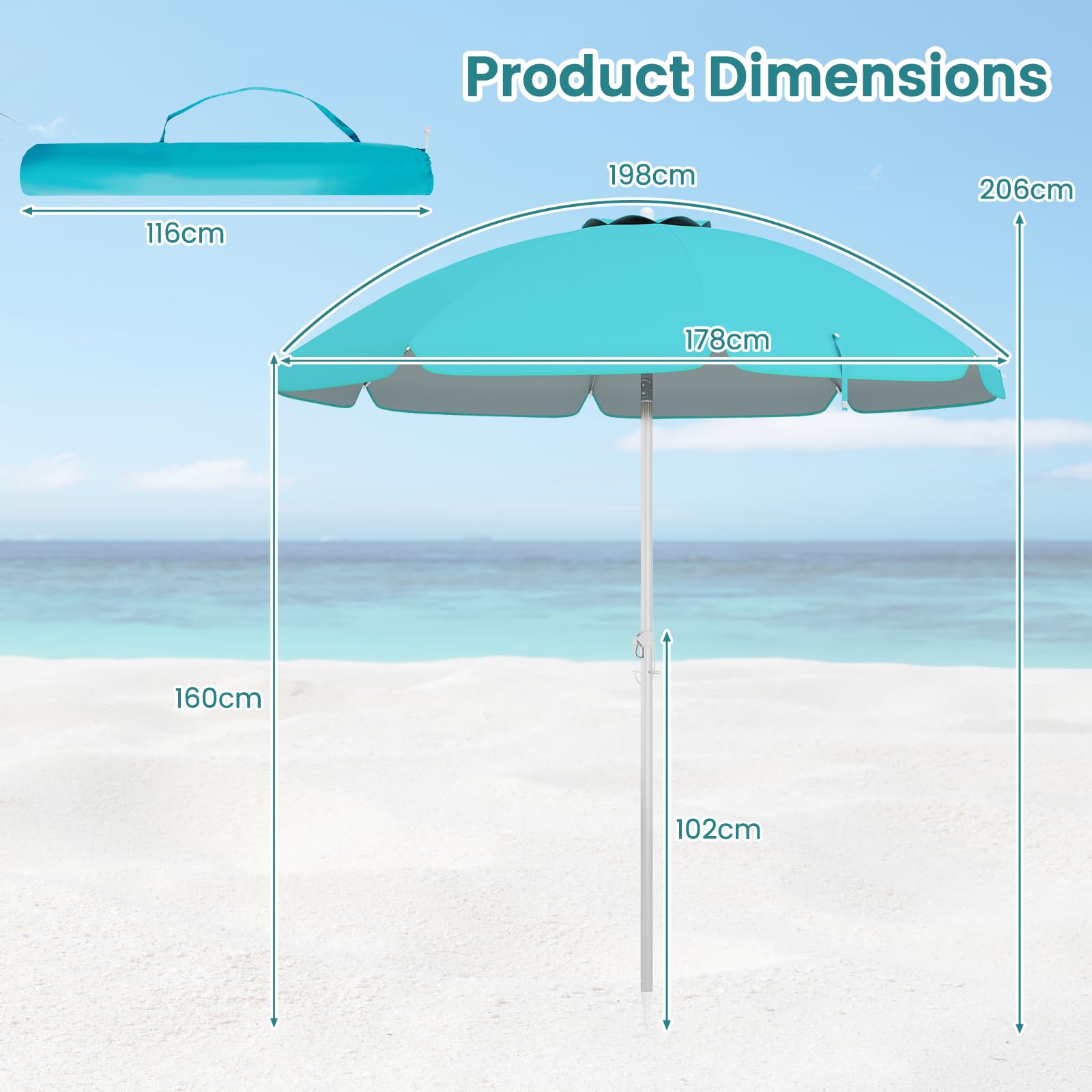 KOMFOTTEU Ombrellone da Spiaggia 200cm UV50+ Pieghevole Leggero con Borsa