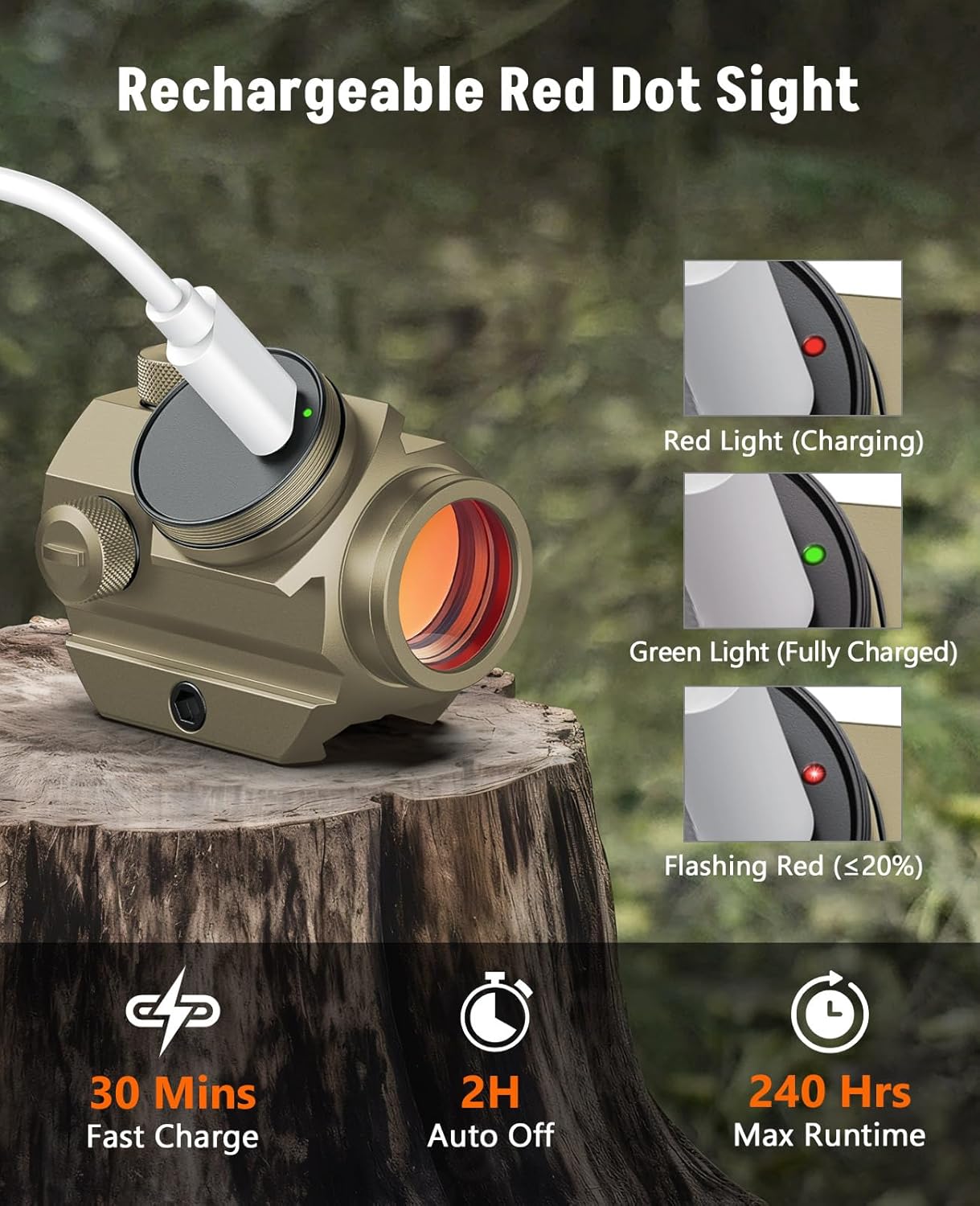 MidTen Rechargeable Red Dot Sight, 1x20mm 2 MOA Red Dot, Waterproof & Shockproof & Fog-Proof Chargeable Red Dot Scope with Lower 1/3 Co-Witness Riser