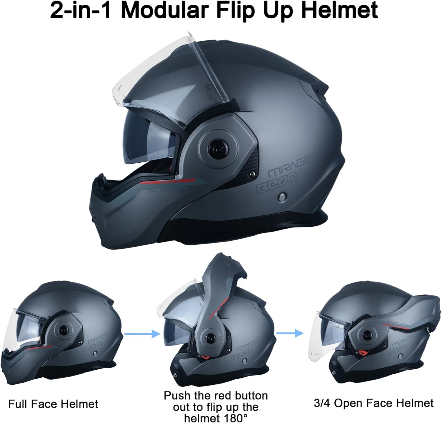 Full Face Motorcycle Helmet DOT Approved, 180° Reversible Chin Guard Modular Pilot Helmet with Anti-Fog Dual Visors for Adult Men Women