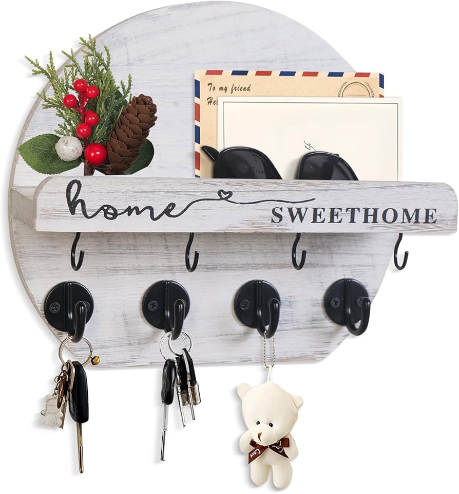 Key Holder for Wall, Key and Mail Holder Organizer - Key Holder Wall Mount with Bouquet Shelf and Key Hooks, Round Wooden Rustic Key Rack for Entryway and Home Decor (Pale White)