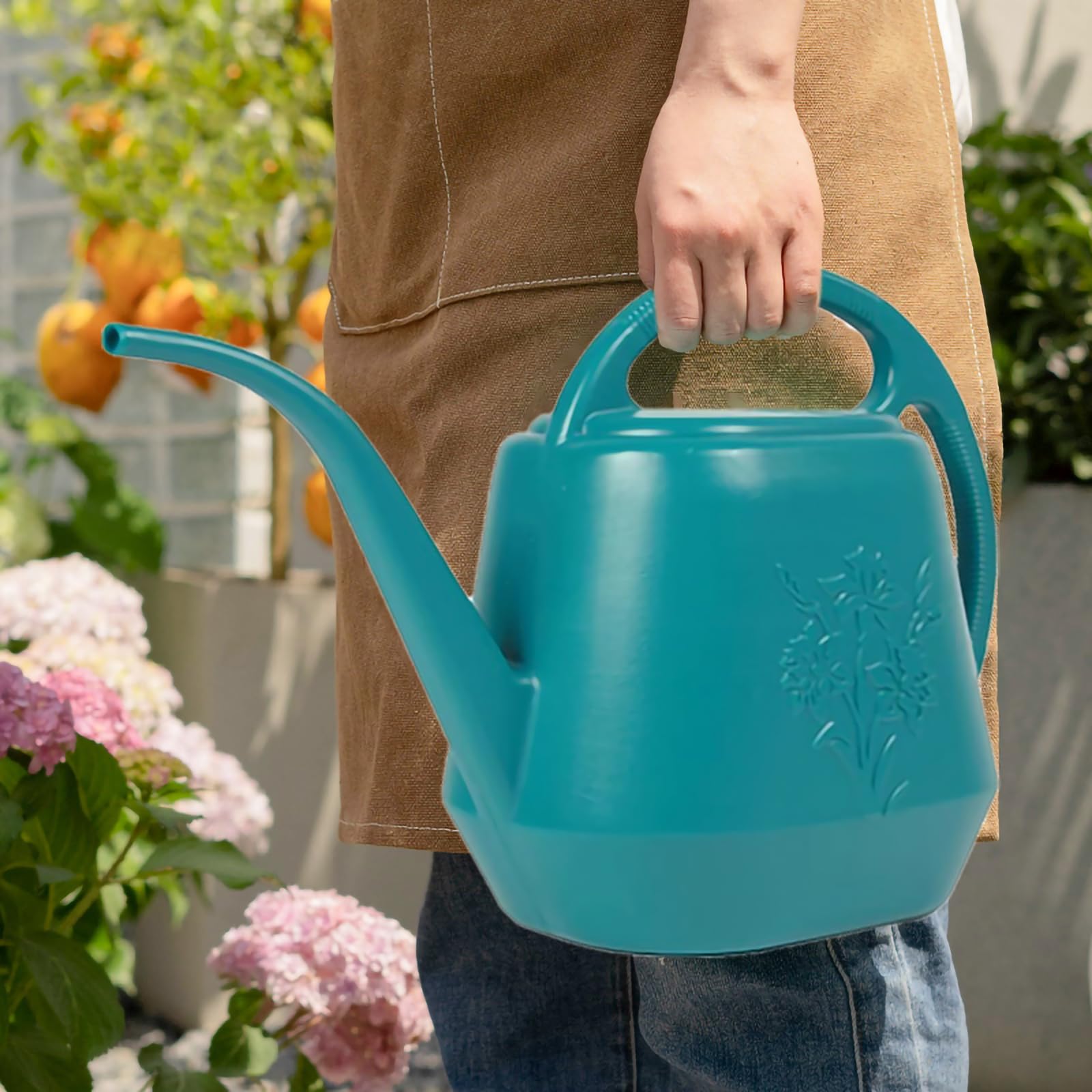 1-Gallon Plastic Watering Can, Large Long Spout Garden Watering Cans with Comfortable Handle for Indoor Outdoor House Plants Flower (Green)