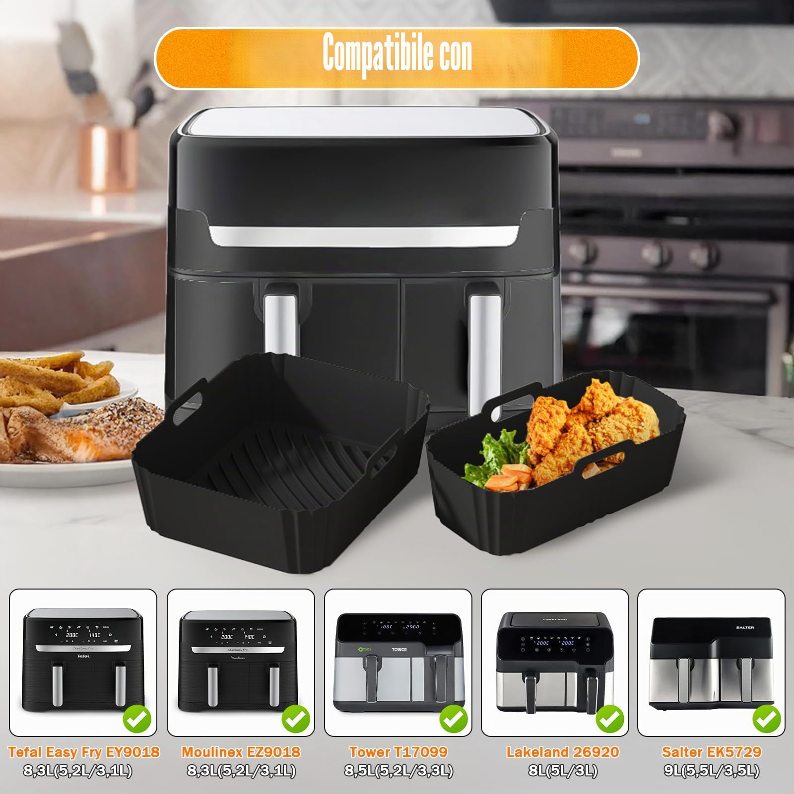 Accessori Friggitrice ad Aria per Moulinex EZ9018 Dual Easy Fry 5,2/3,1L – 23 Pezzi Accessori ad Aria – Riutilizzabile Tappetino in Silicone Griglia, per Moulinex/Tefal 8,3L