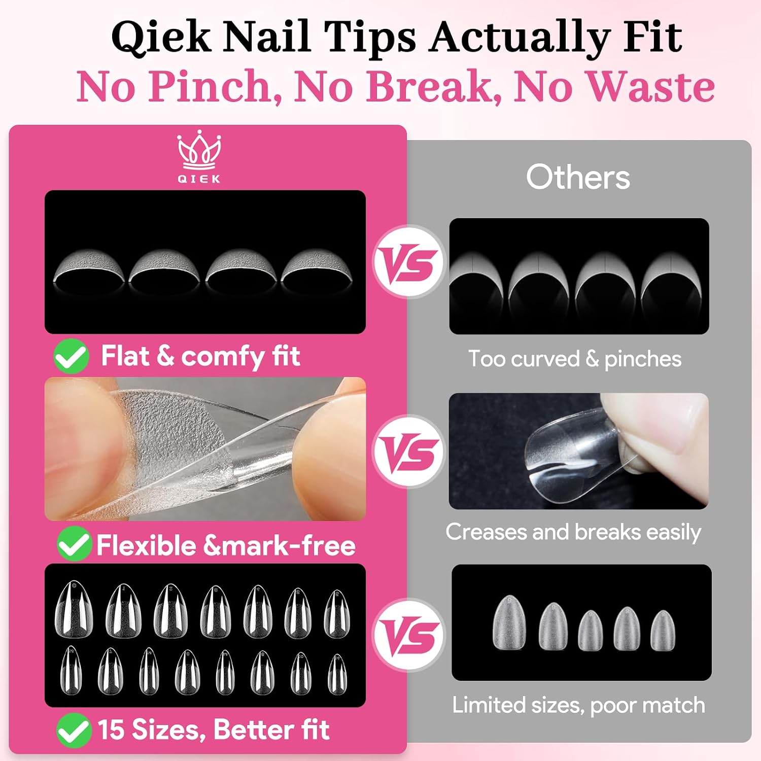Short Water-Drop Nail Tips, 15 Sizes 510 PCS Clear image 3
