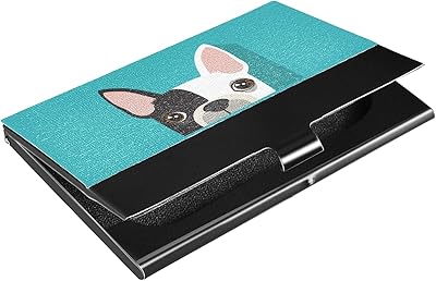 Boston Terrier On Turquoise Business Card Holder Leather, Slim Credit Card Case Stainless Steel Wallet for Women and Men Unisex Business Card Holder