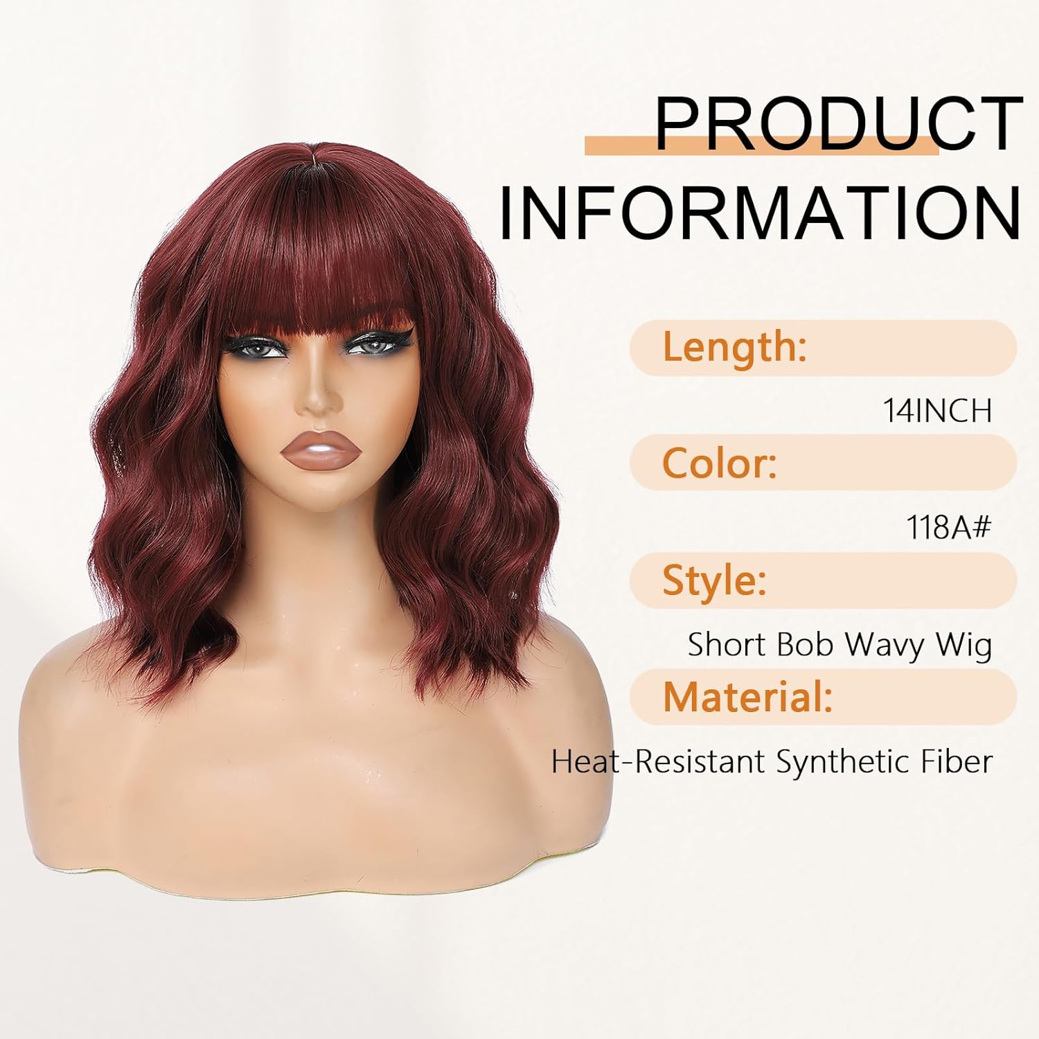 Wine Red Short Wavy Wigs with Bangs Bob Wig Shoulder Length 14Inch Synthetic Hair for Women Girl Colorful Cosplay Wig Synthetic Heat Resistant Fiber Hair for Daily Party Halloween Use(118A#WineRed) - Image 3