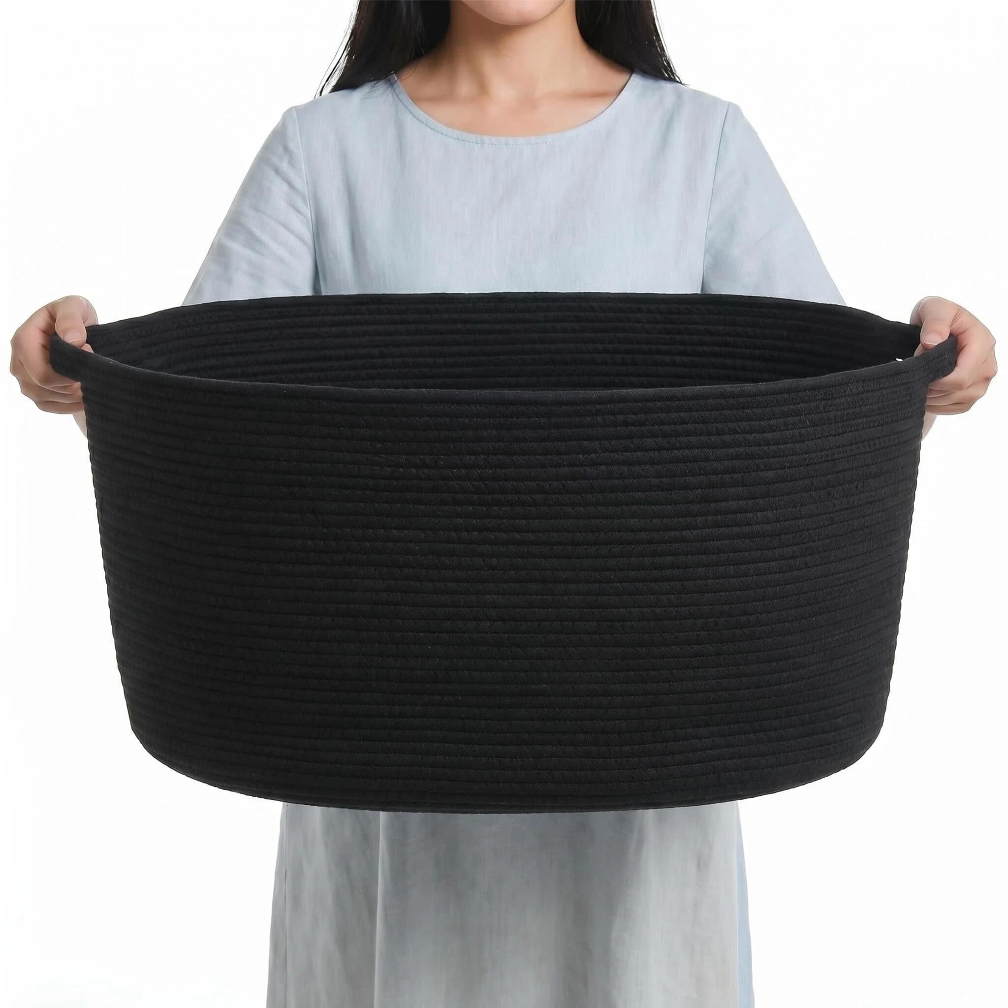 Bigepige Cotton Rope Laundry Basket with Handles, Rectangular Woven Storage Hamper for Bedroom, Living Room, Laundry, Large Washing Basket for Clothes, Toys, Towels Nursery Black